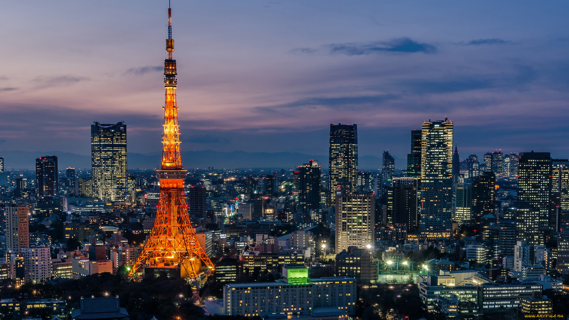 postcard, tokyo, города, токио, , Япония, небоскрёбы, дома, огни, ночь, башня