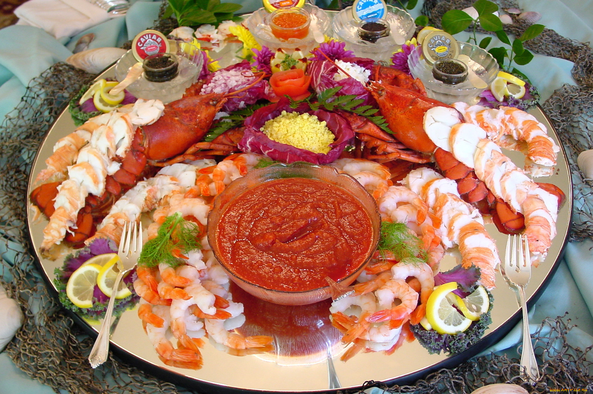 еда, рыба, морепродукты, суши, роллы, омары, креветки, приборы, соусы, икра