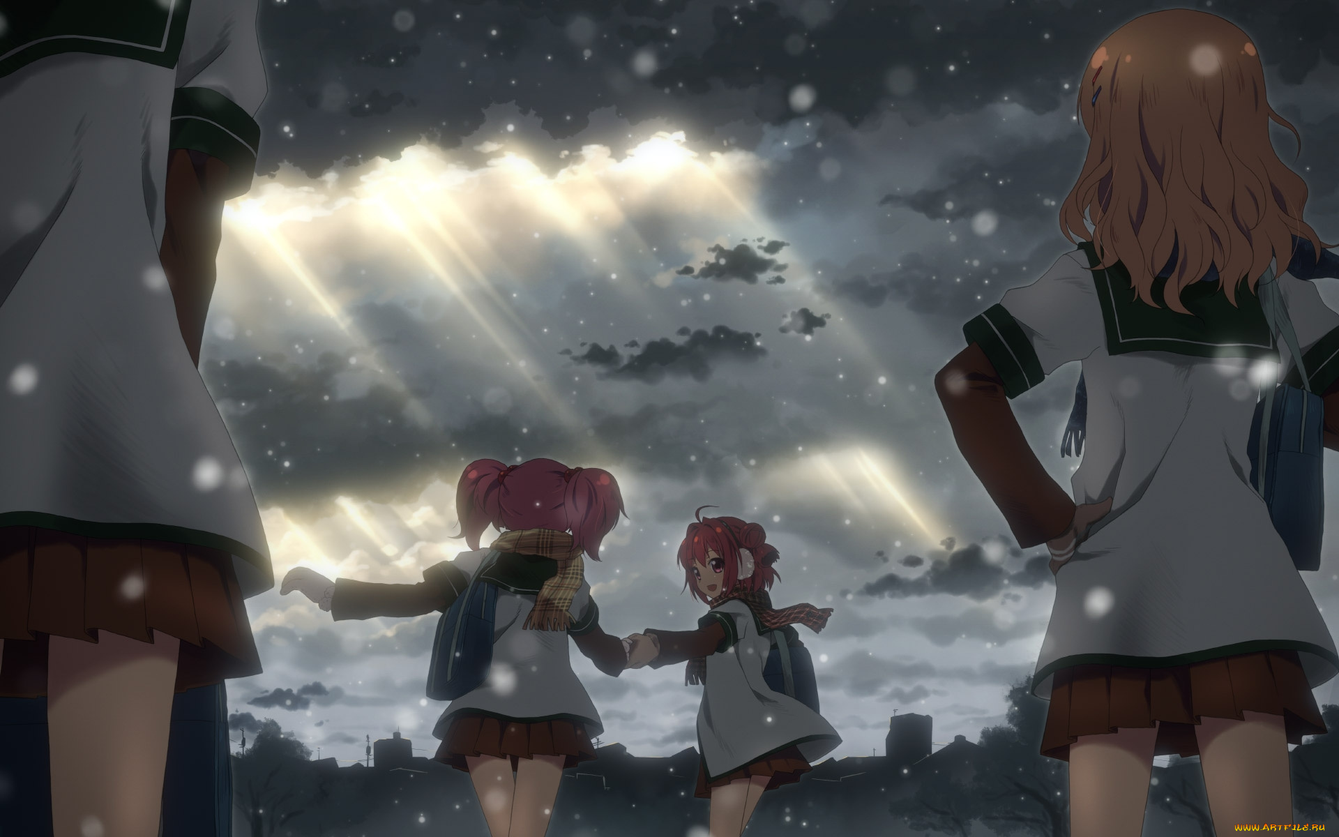 аниме, yuru, yuri, снег, небо, девушки
