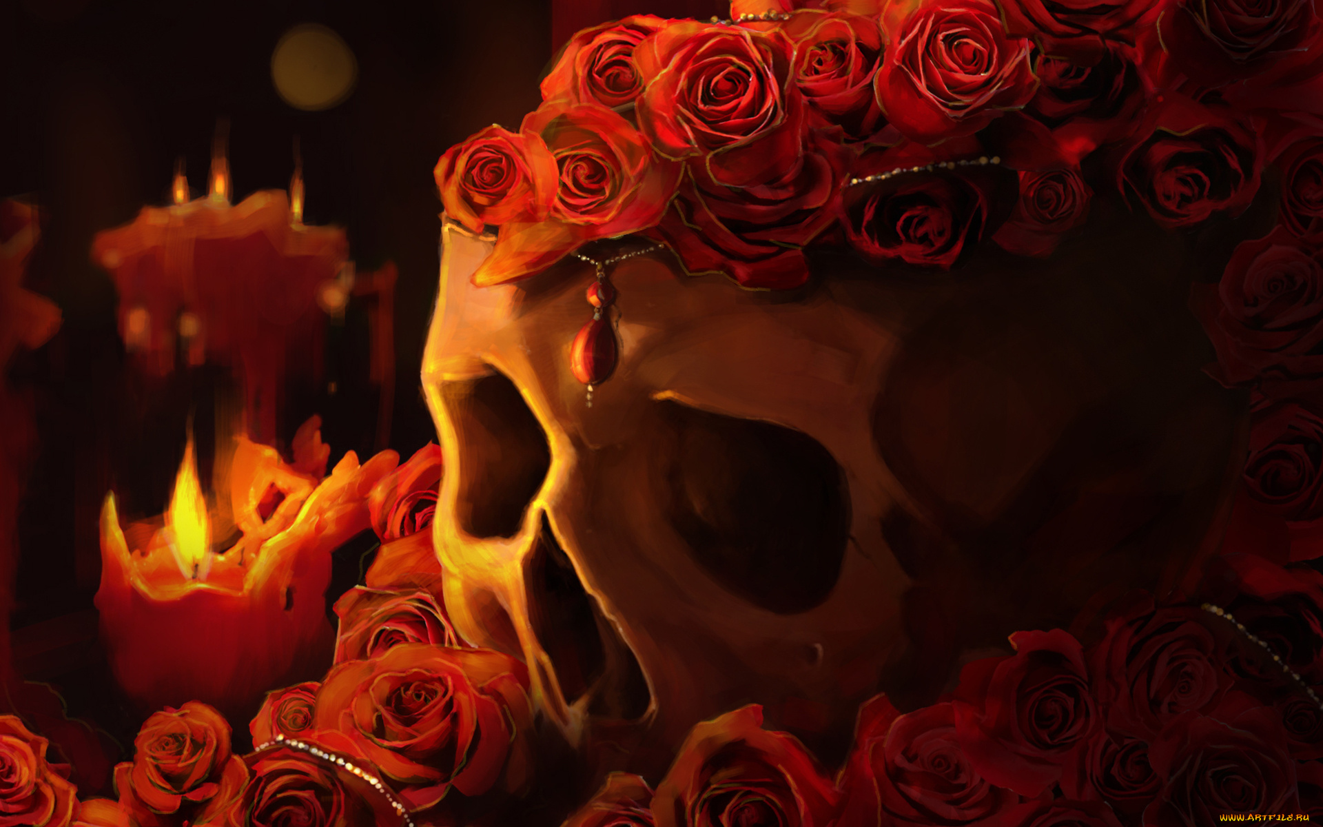 фэнтези, нежить, розы, череп, свеча