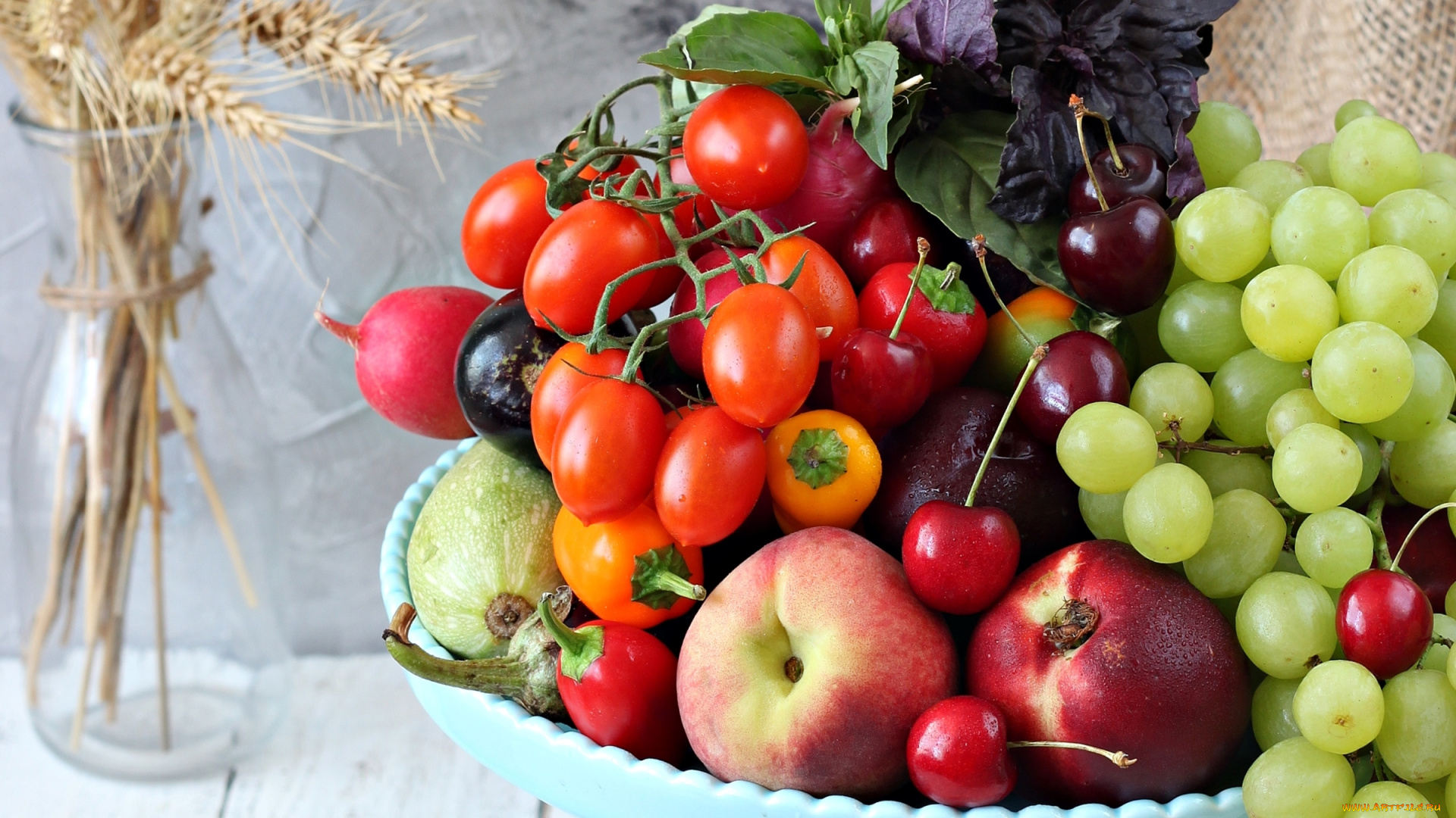 еда, фрукты, и, овощи, вместе, фрукты, овощи, виноград, помидоры, базилик, перец, баклажан, кабачок, нектарин, черешня, редис
