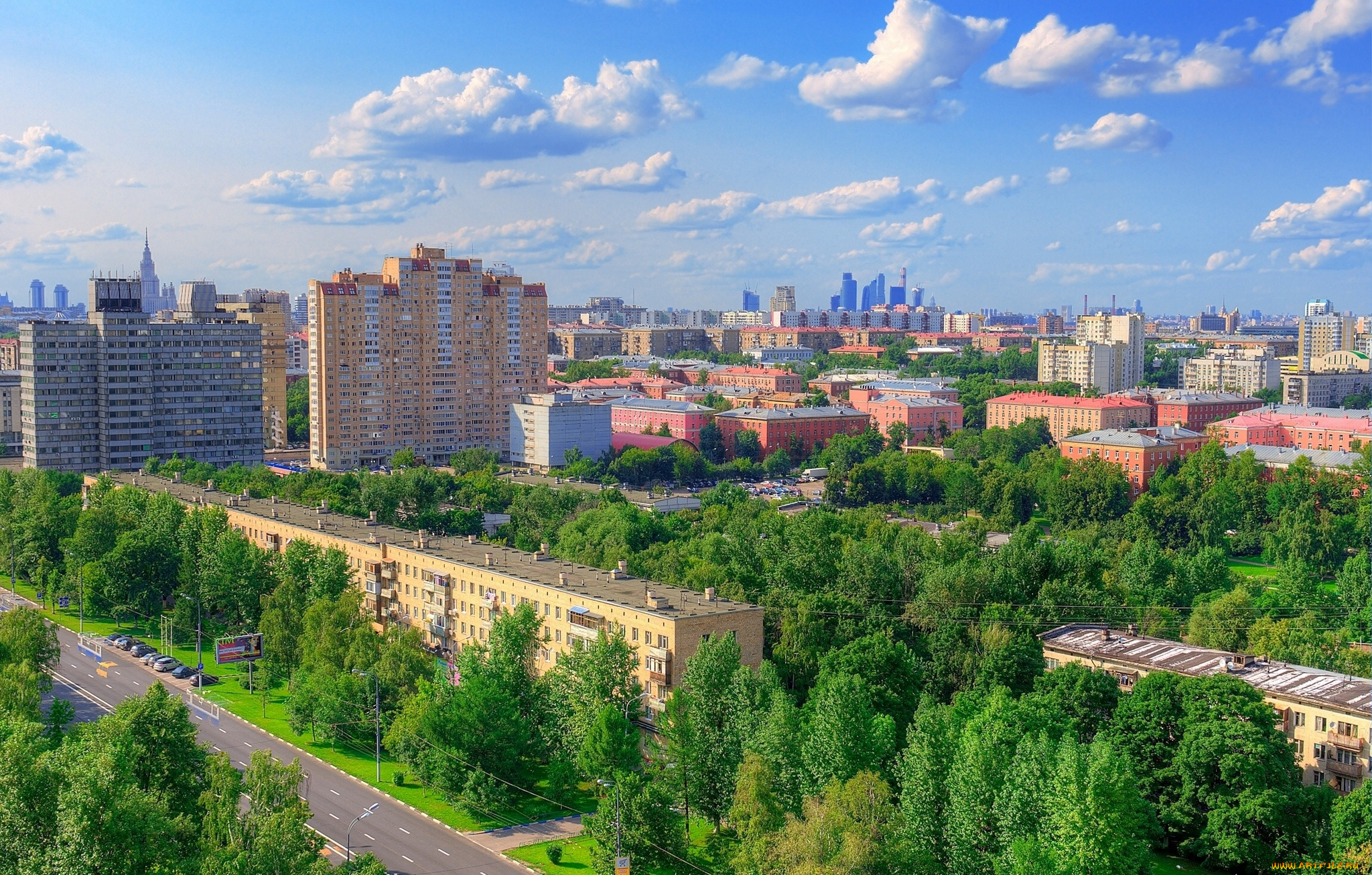 moscow, russia, города, москва, россия, панорама, дорога, деревья, здания