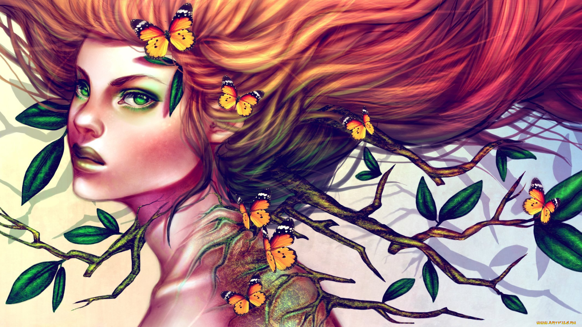 фэнтези, существа, зеленые, глаза, взгляд, девушка, арт, бабочки, листья, рыжая, волосы, ветки