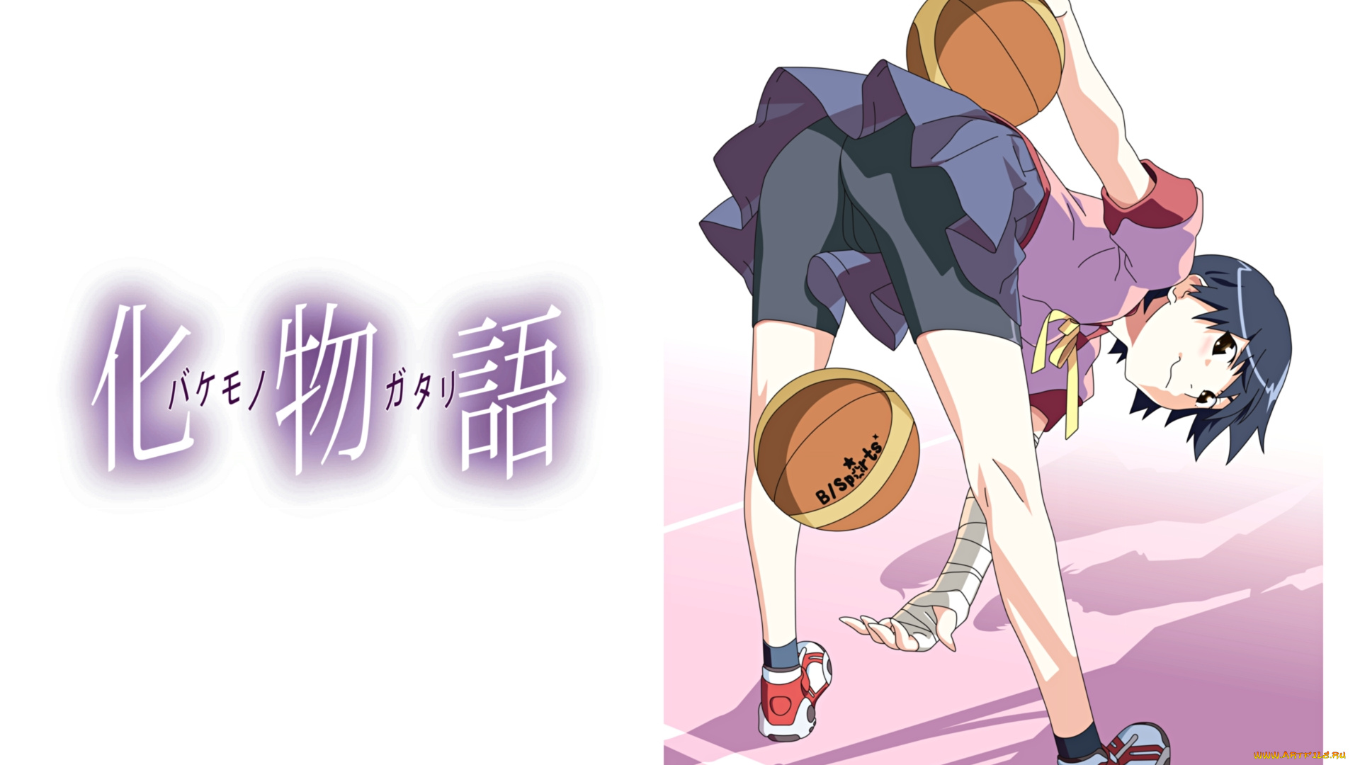 аниме, bakemonogatari, kanbaru, suruga, девушка, баскетбольный, мяч, форма, бинт, шорты