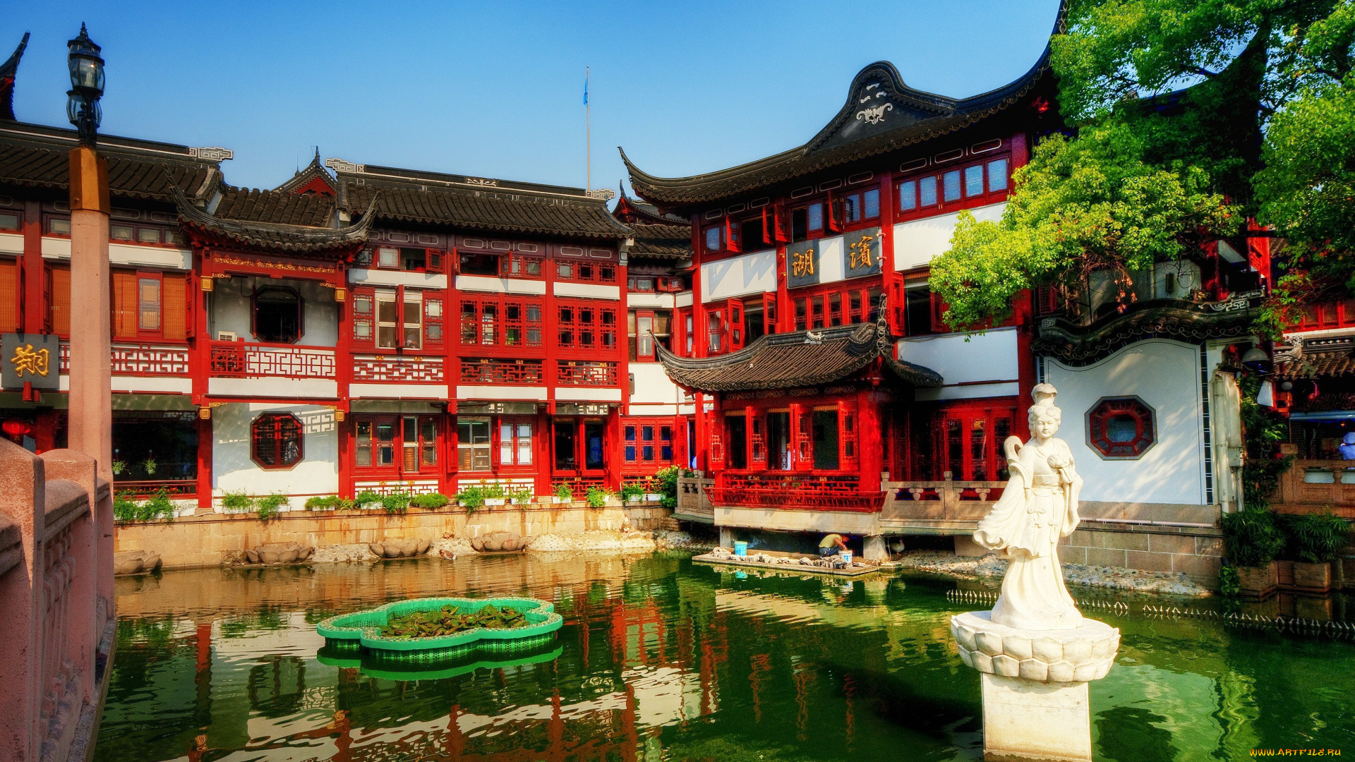 Чайный, дворец, шанхай, китай, города, дворцы, замки, крепости, пагода, пруд, статуя