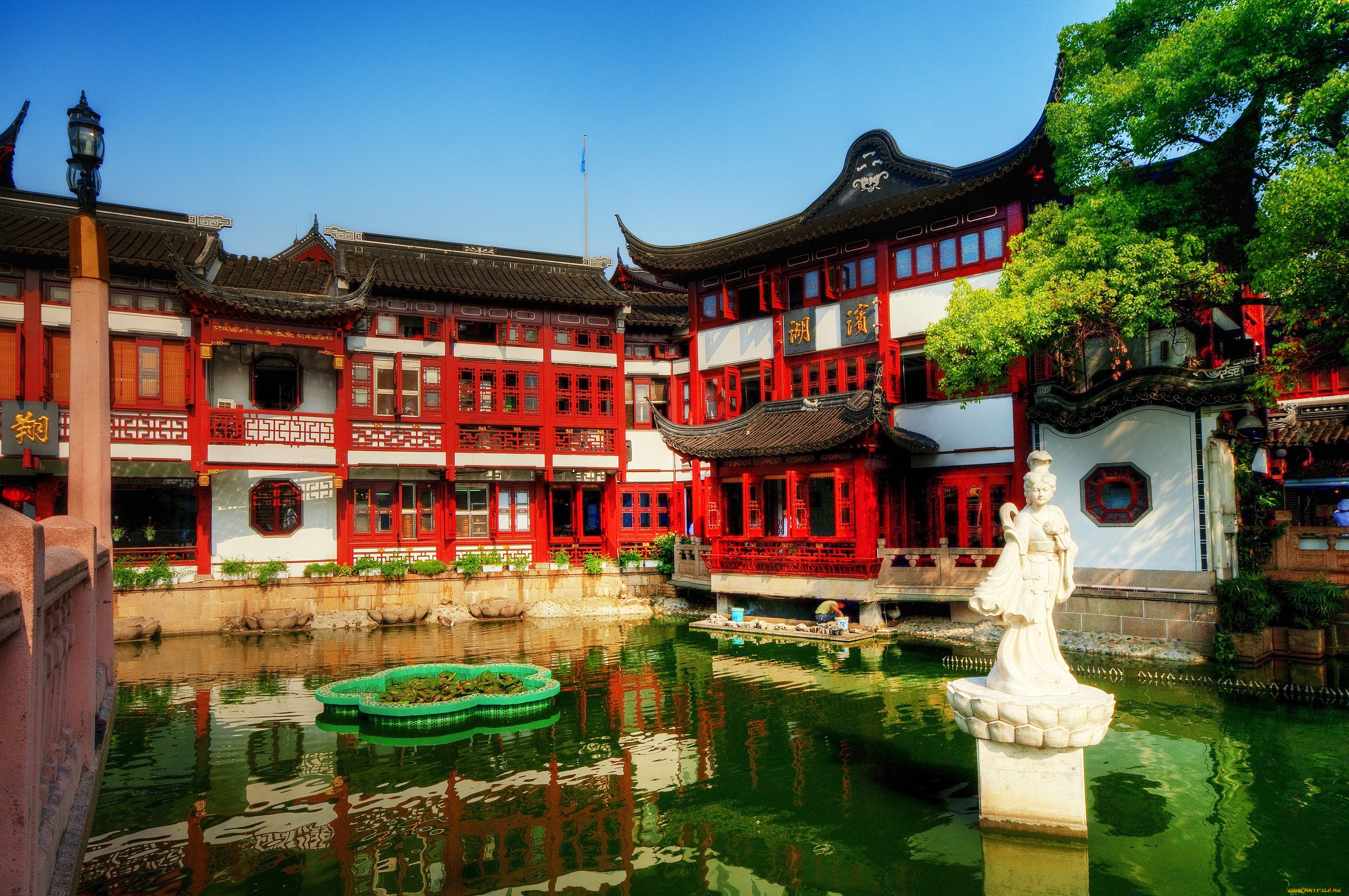 Чайный, дворец, шанхай, китай, города, дворцы, замки, крепости, пагода, пруд, статуя