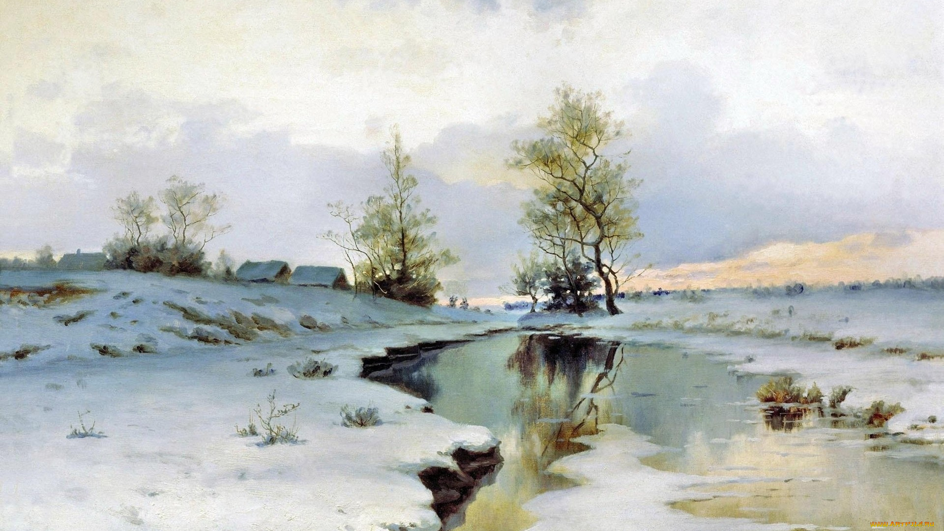 рисованные, живопись, снег, река