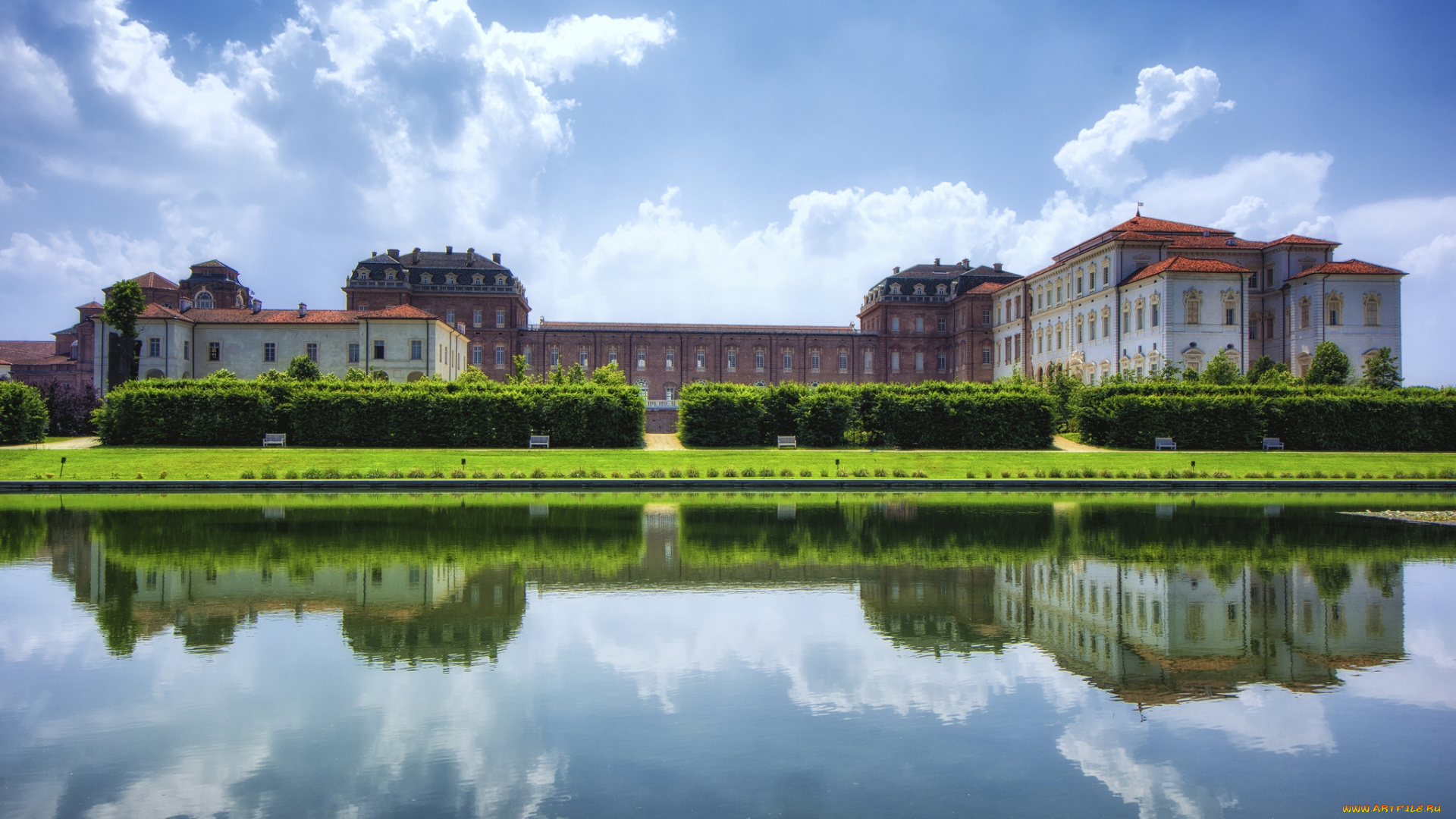 royal, palace, of, venaria, reale, italy, города, дворцы, замки, крепости, италия, отражение, пруд, дворец, венария, венария-реале