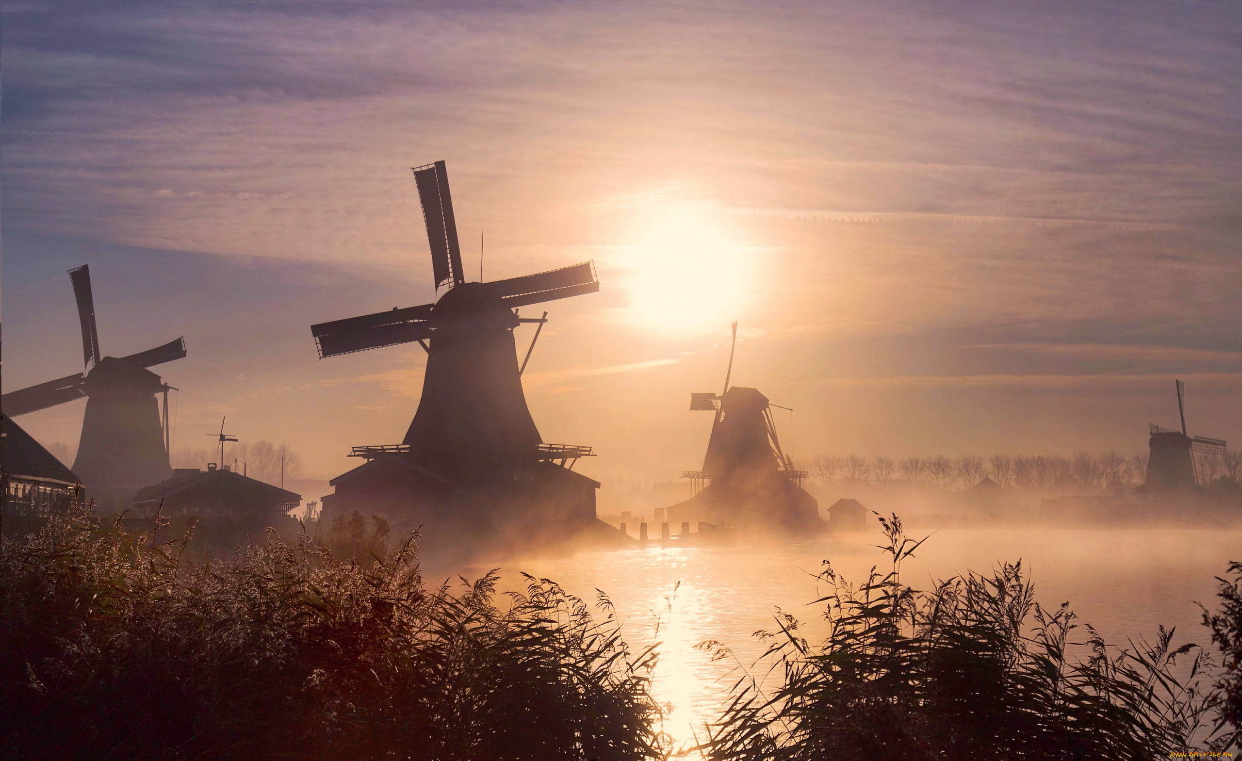разное, мельницы, туман, утро, sunrise, fog, windmill