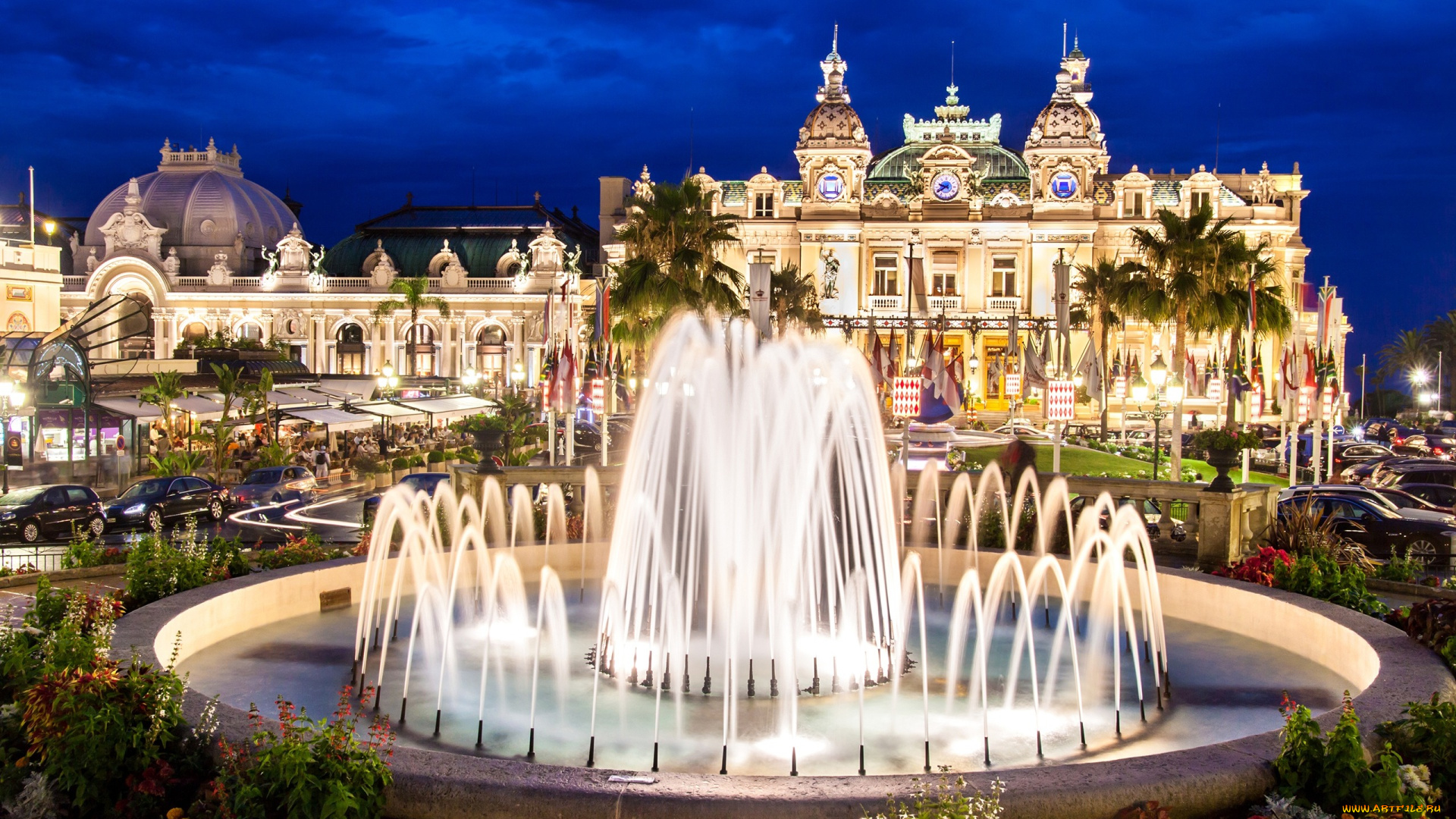 города, монако, , монако, огни, монте-карло, ночь, дворец, casino, фонтан