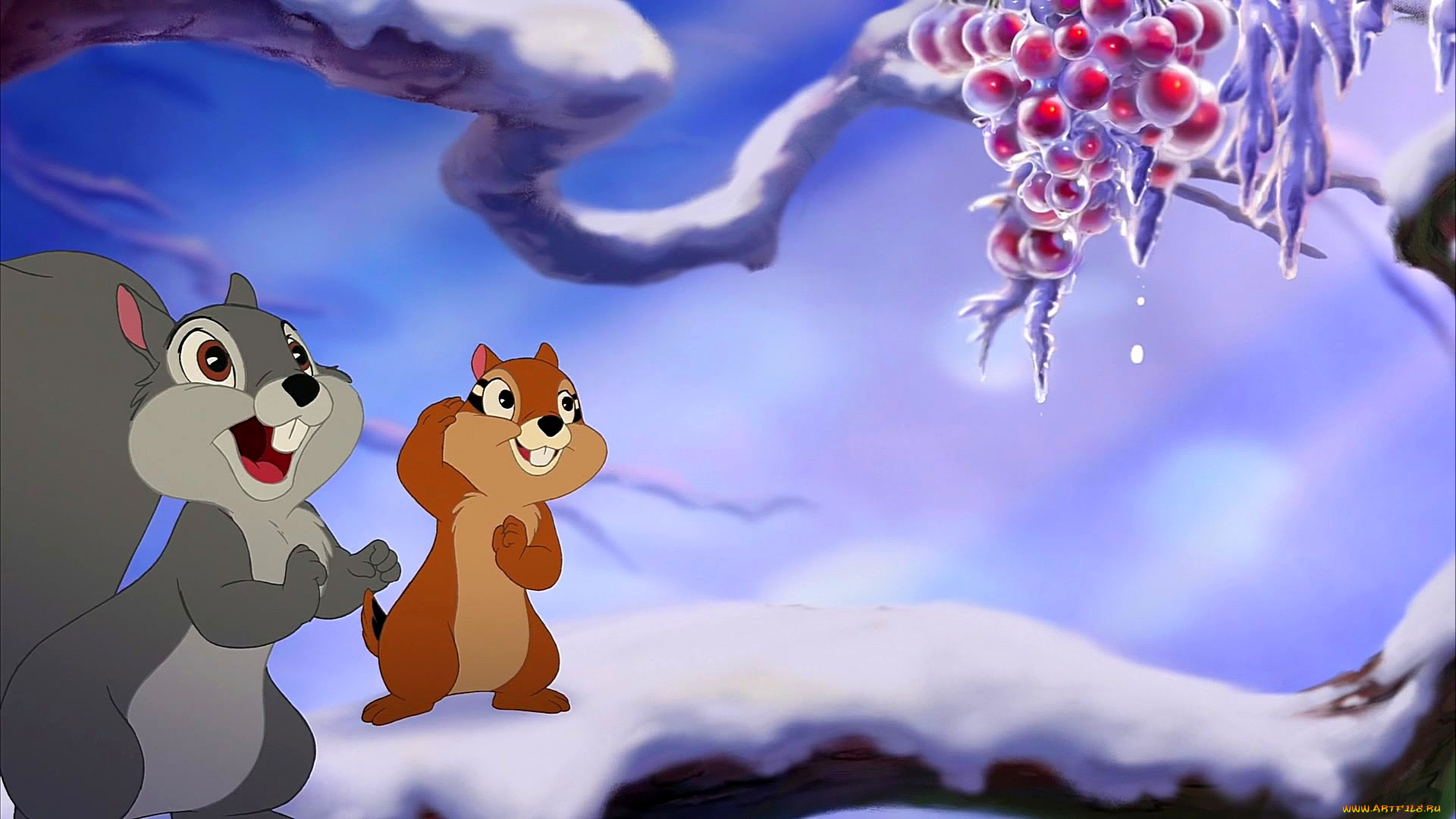 мультфильмы, bambi, 2, белка, ягоды, снег