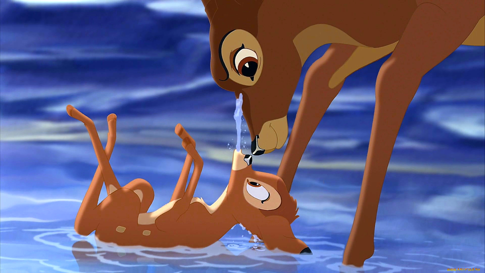 мультфильмы, bambi, 2, олень, олененок, водоем, брызги