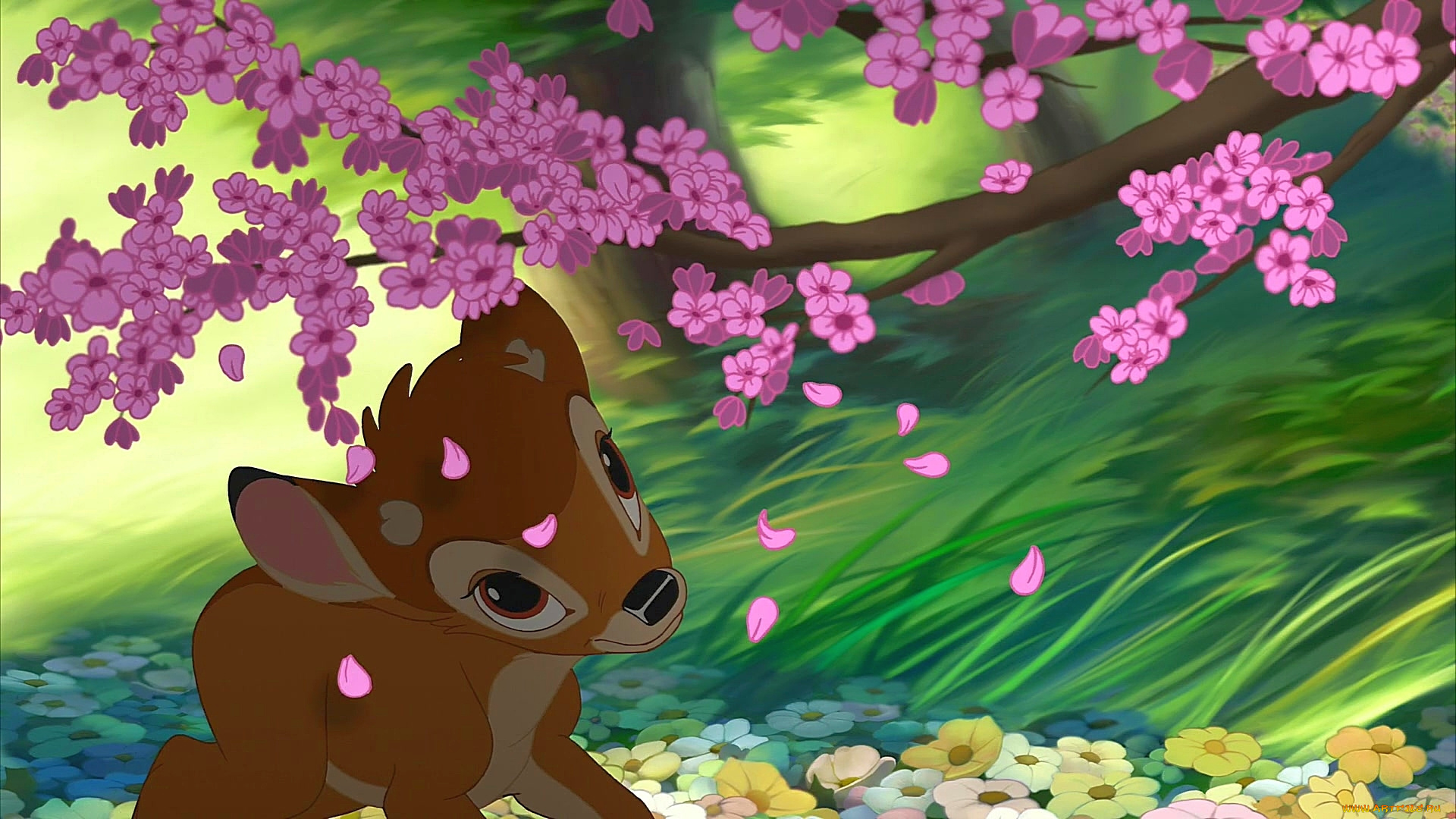 мультфильмы, bambi, 2, олененок, цветы, дерево