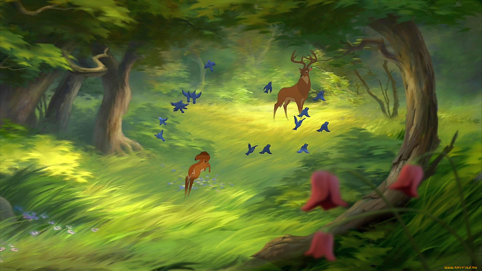 мультфильмы, bambi, 2, растения, олененок, олень, птица, цветы