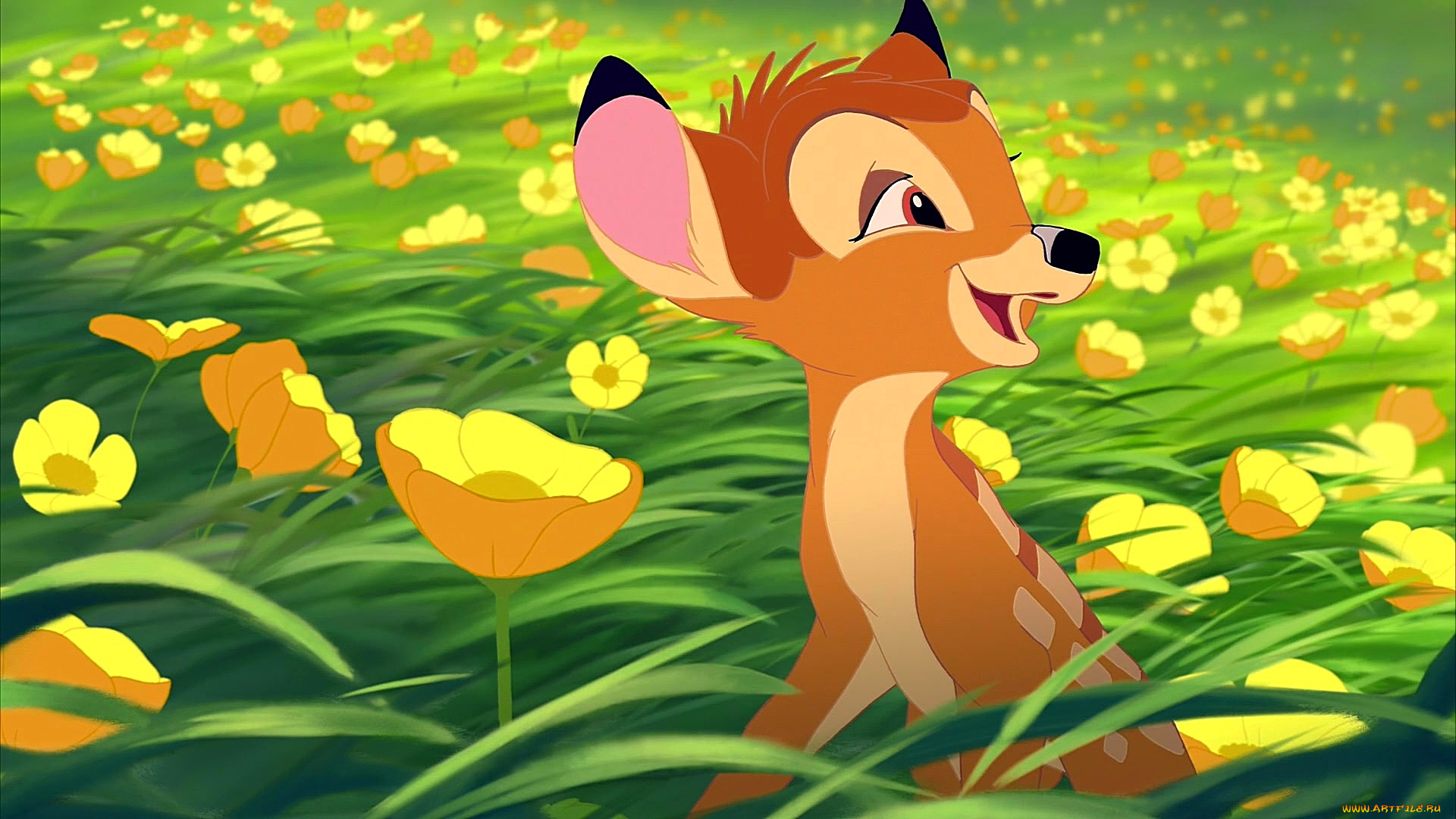 мультфильмы, bambi, 2, смех, растения, олененок, цветы