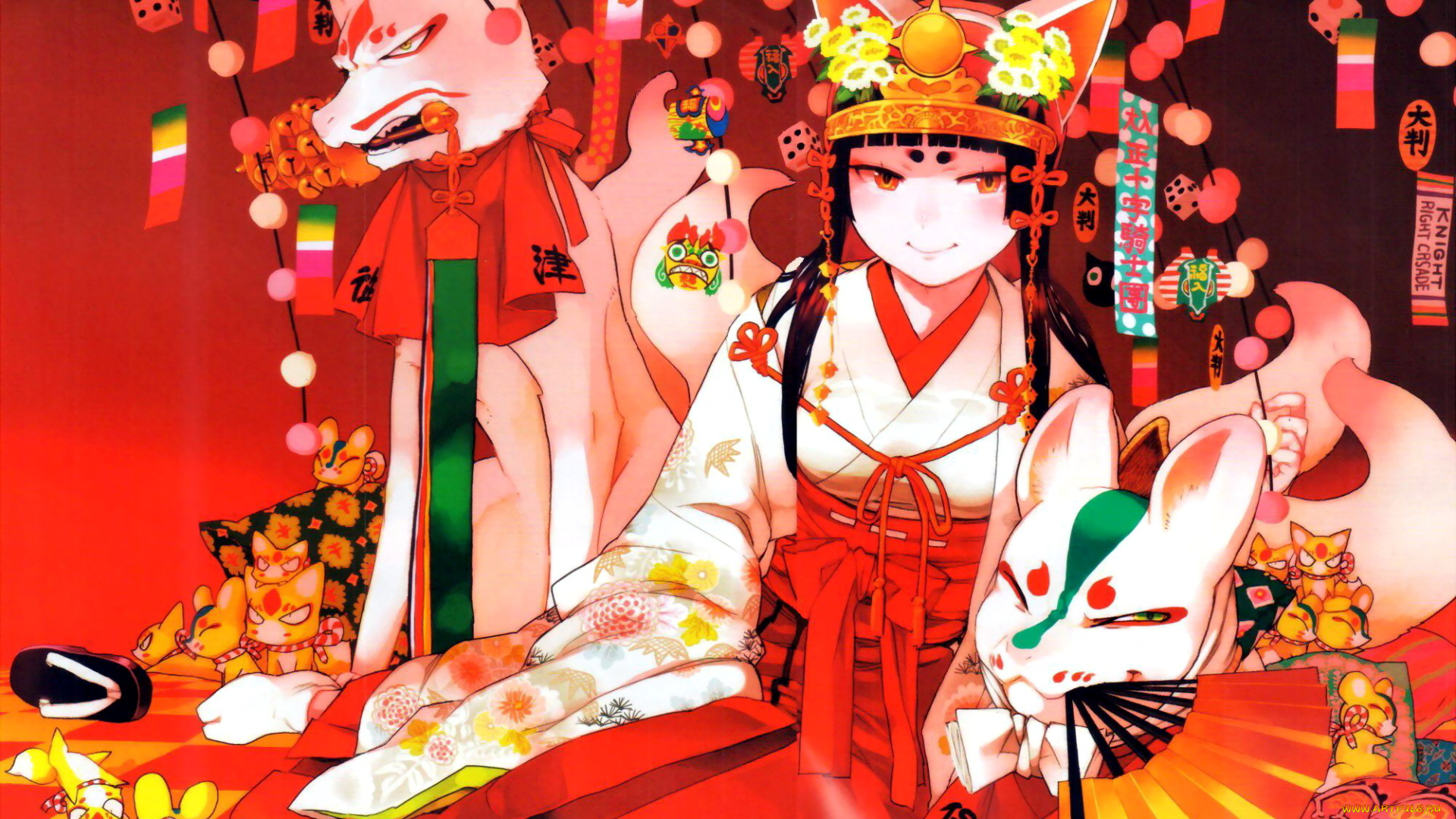 аниме, onmyouji, звери, украшения, кимоно, девочка