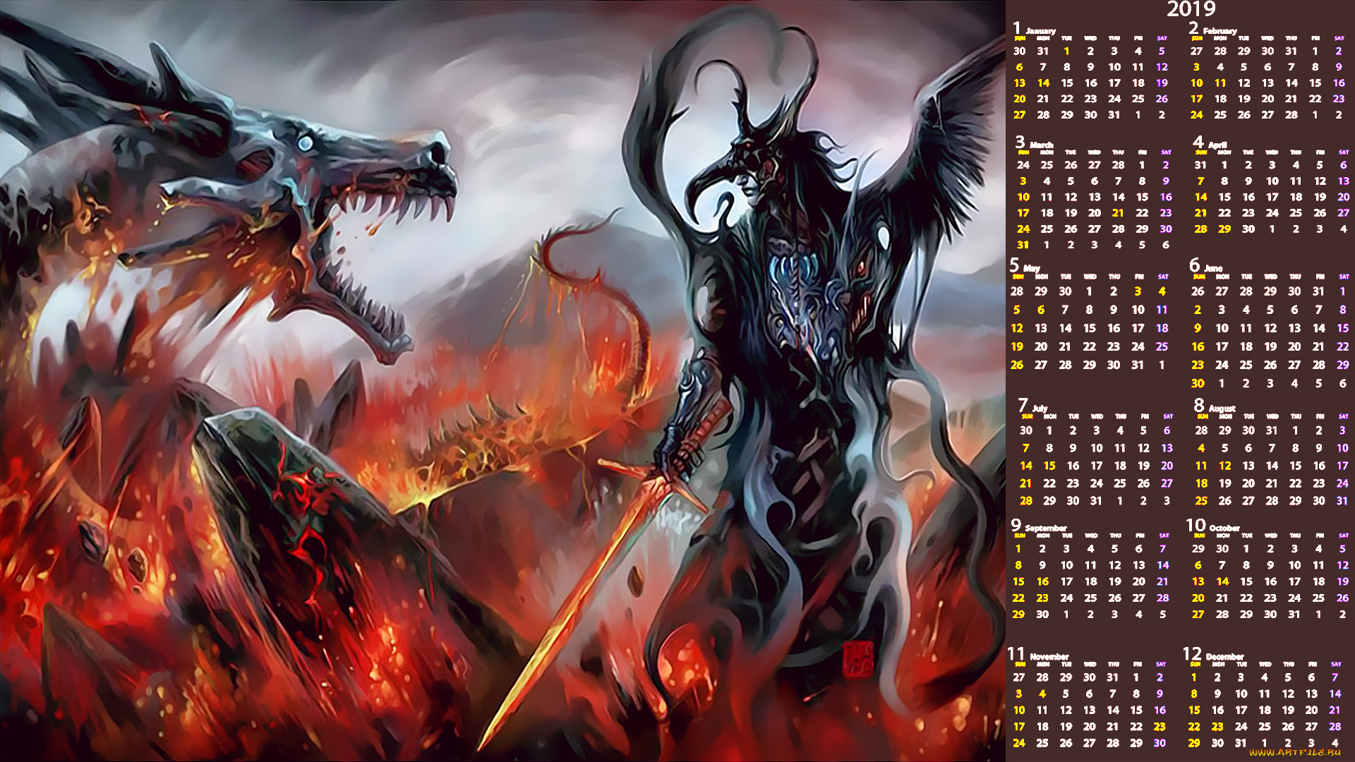 календари, фэнтези, воин, пламя, оружие, дракон
