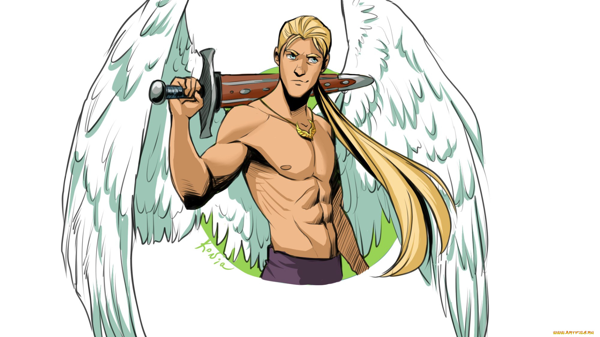рисованное, комиксы, ангел, меч, парень, крылья
