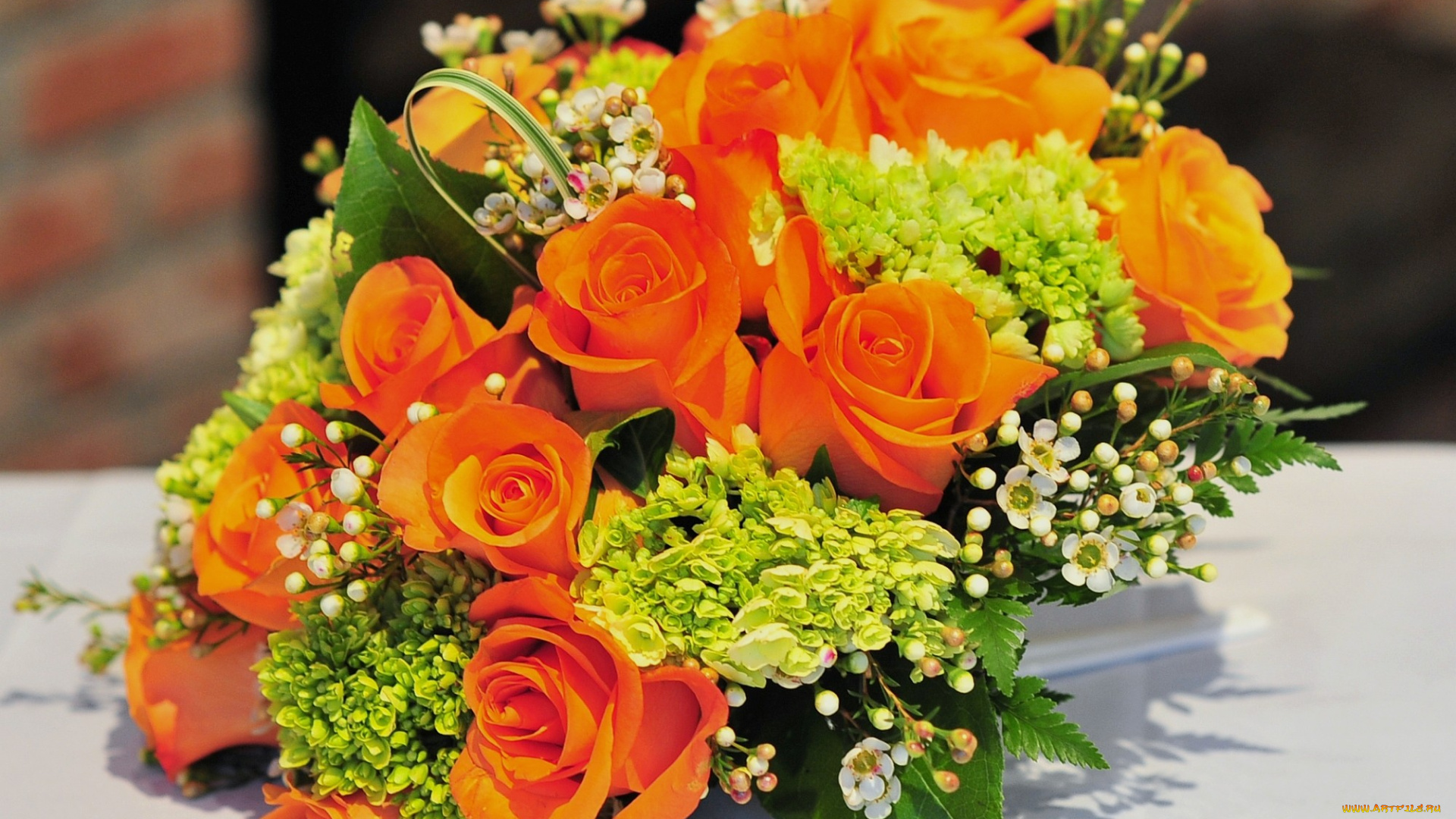 цветы, букеты, композиции, оранжевый, розы, гортензия