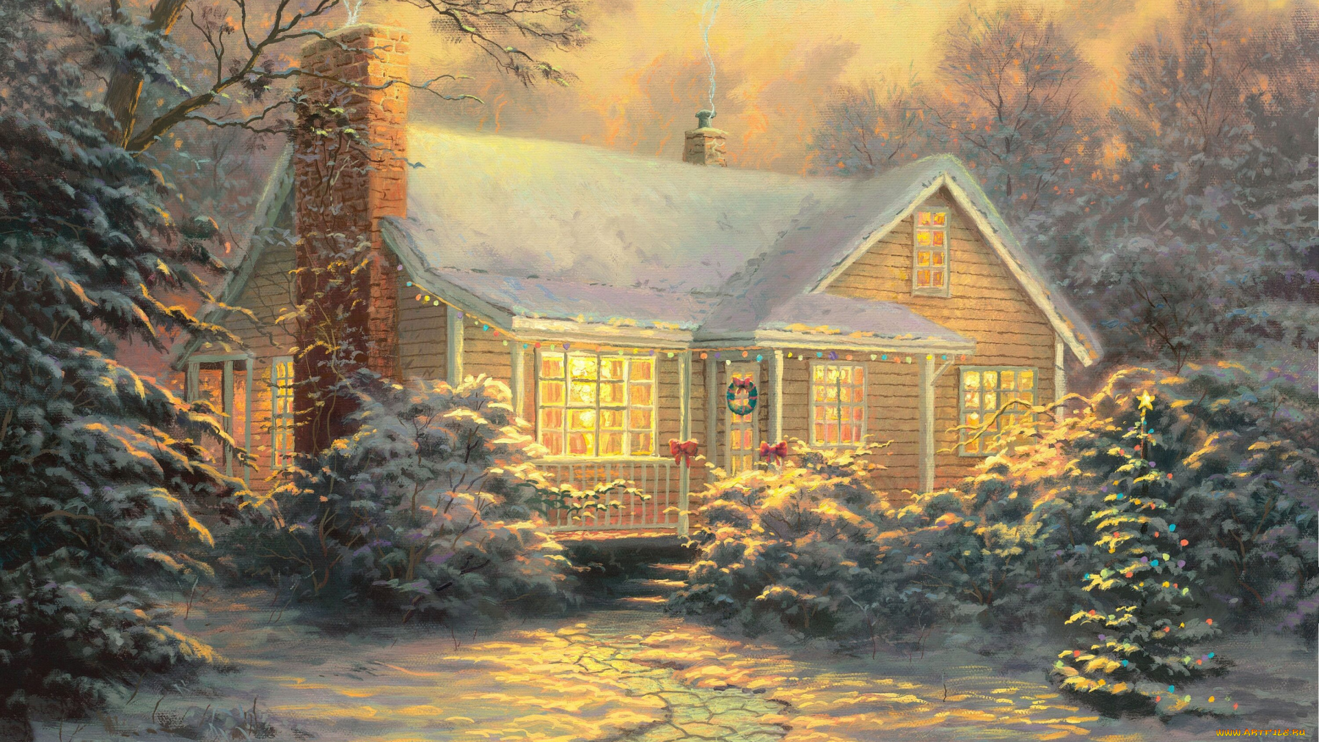 thomas, kinkade, рисованные, рождество, ёлка, дом, зима