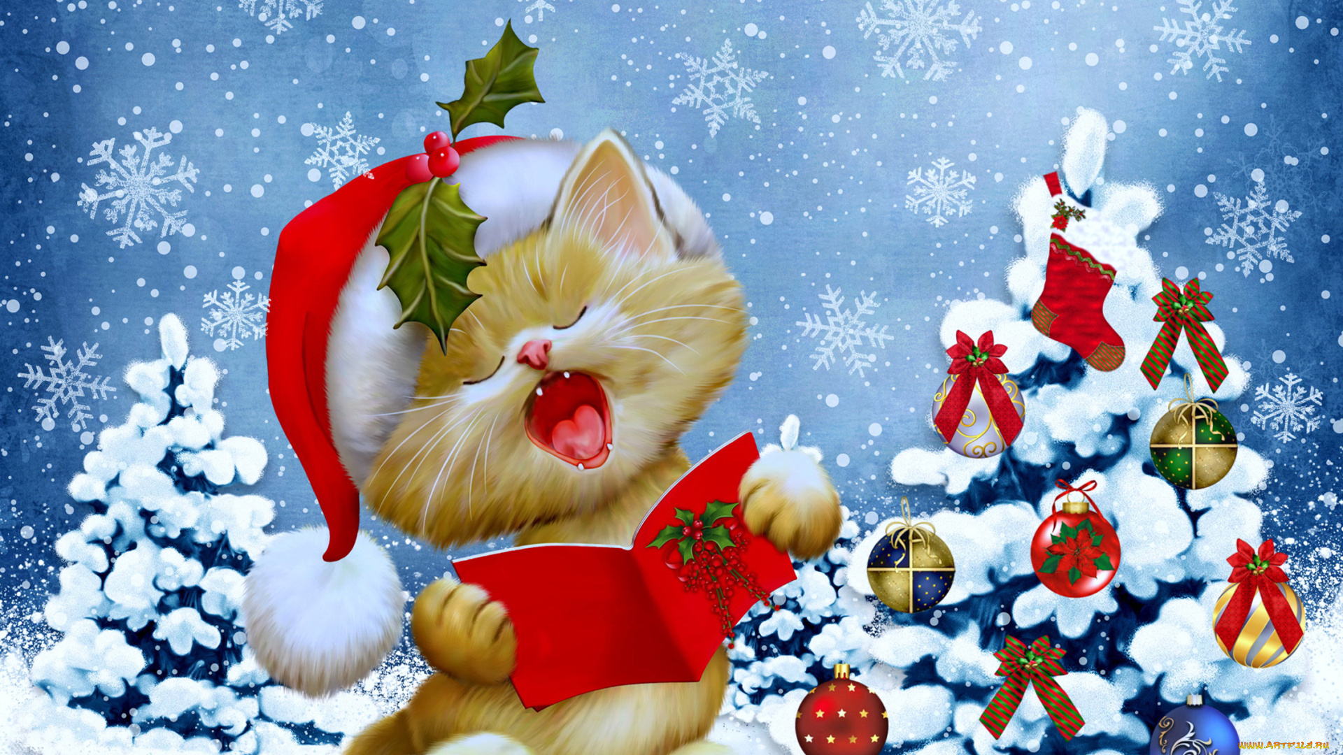 праздничные, рисованные, рождество, winter, snow, новый, год, зима, tree, кошка, елка, снежинки, christmas, new, year