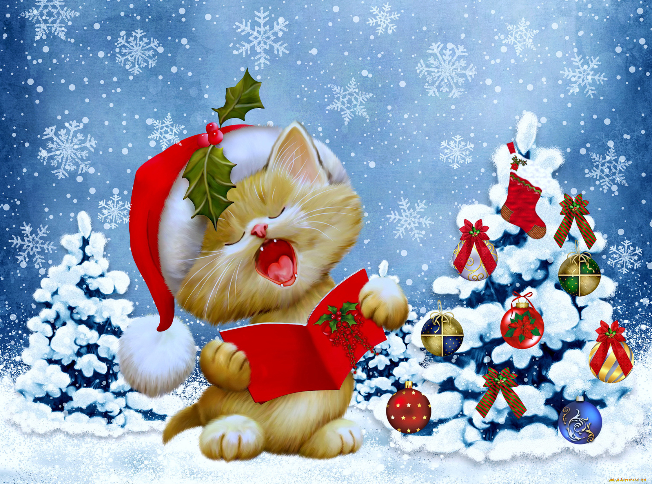 праздничные, рисованные, рождество, winter, snow, новый, год, зима, tree, кошка, елка, снежинки, christmas, new, year