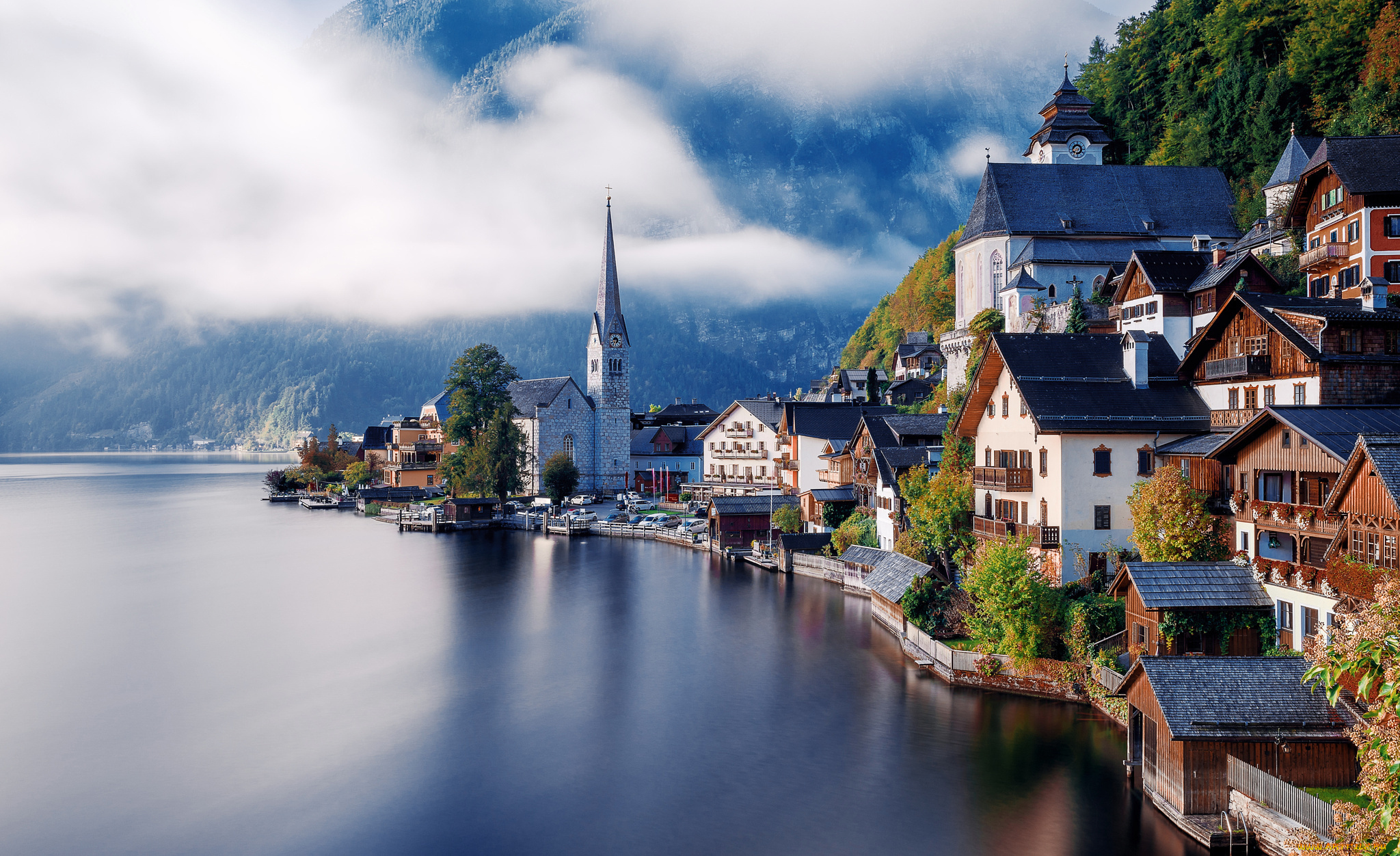 города, -, пейзажи, alps, austria, hallstatt, облака, леса, дома, горы, альпы, гальштат, австрия, озеро