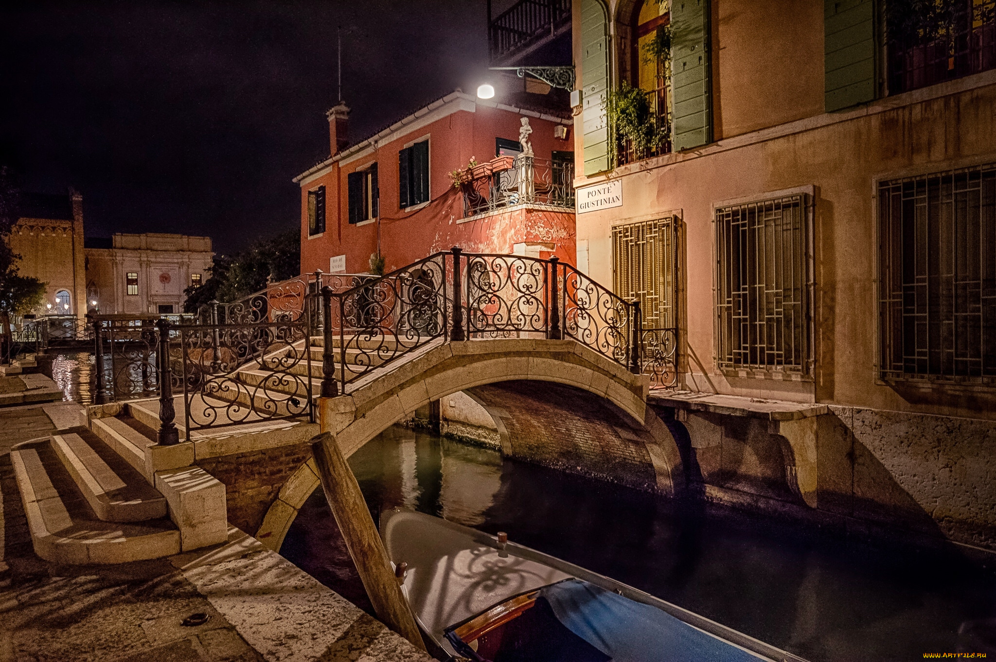 venice, at, night, города, венеция, , италия, мостик, канал