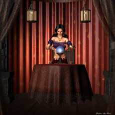 Картинка 3д графика fantasy фантазия шар магия шторы свечи девушка стол