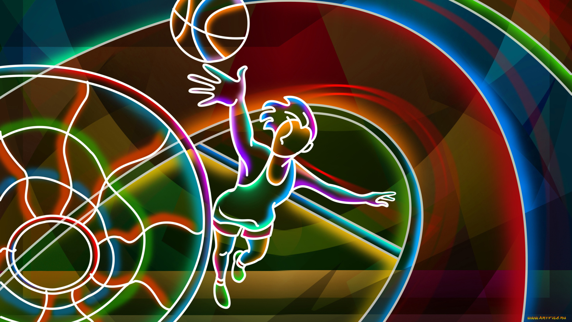 basketball, player, спорт, 3d, рисованные, мяч, полосы, корзина, прыжок, баскетболист, баскетбол