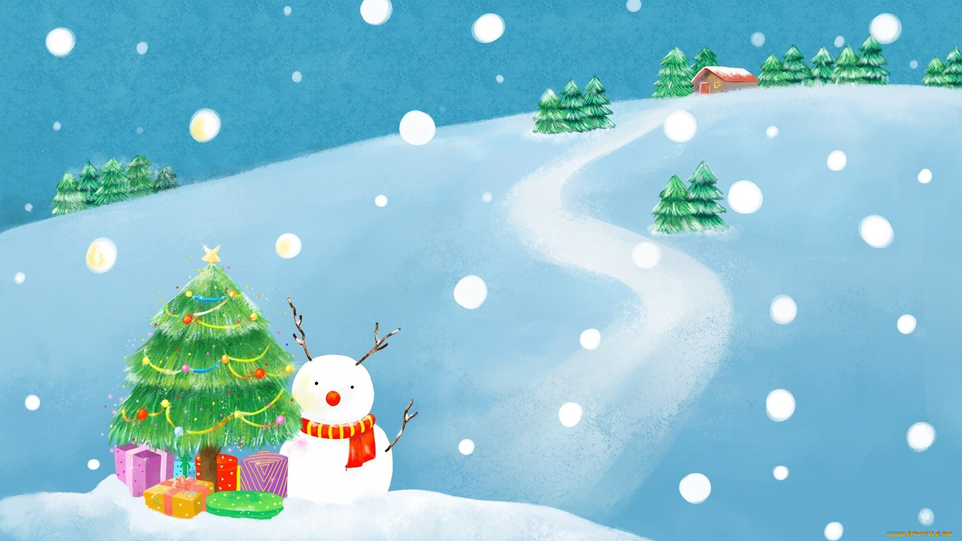 праздничные, рисованные, подарки, коробки, снеговик, снегопад, зима, снег, дом, ёлки, дорожка