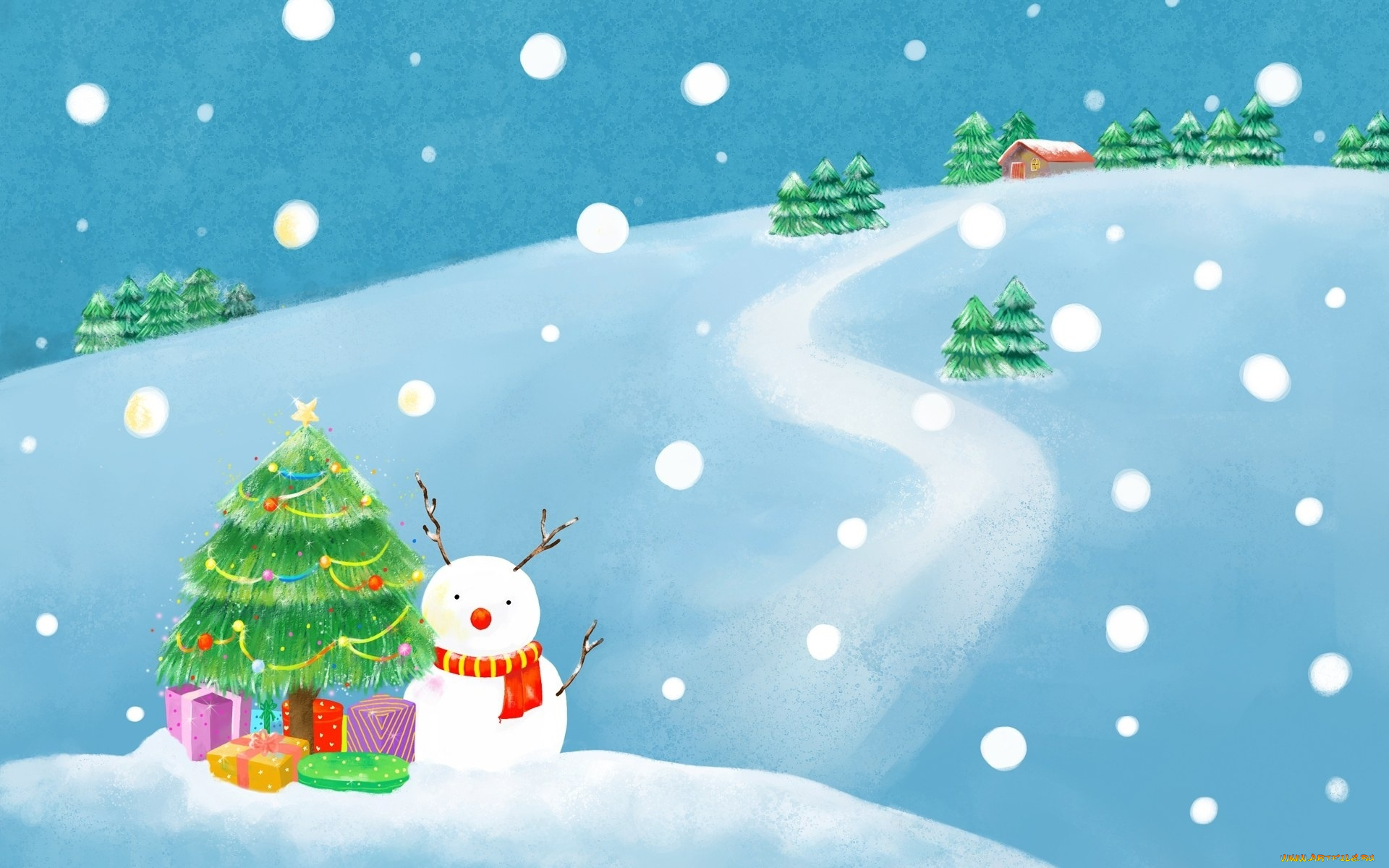 праздничные, рисованные, подарки, коробки, снеговик, снегопад, зима, снег, дом, ёлки, дорожка