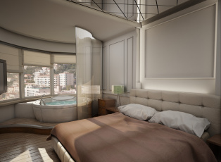 обоя 3д графика, реализм , realism, кровать, спальня, ванная, подушки
