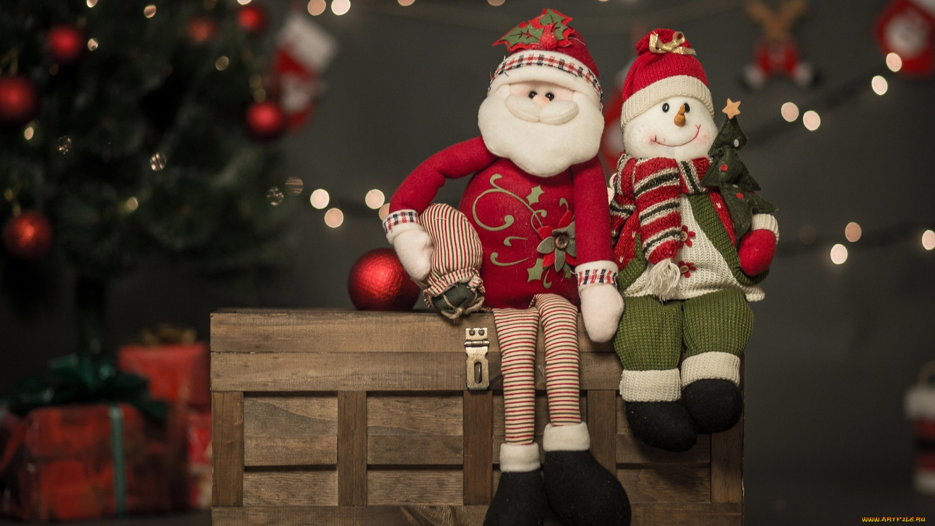 праздничные, мягкие, игрушки, ящик, игрушки, боке, новый, год, снеговик, праздник, ёлка, рождество, санта, клаус