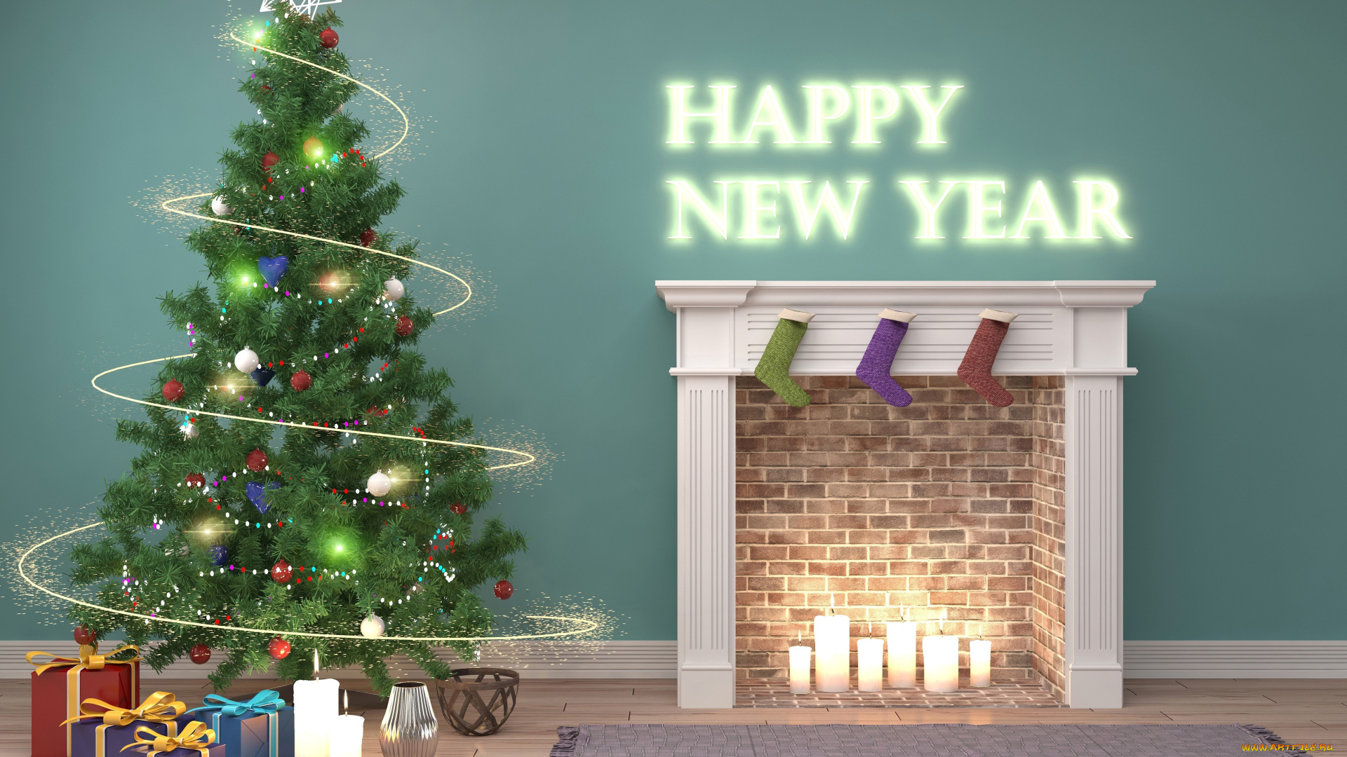 праздничные, векторная, графика, , новый, год, украшения, подарки, елка, свечи, новый, год, камин, happy, new, year, комната