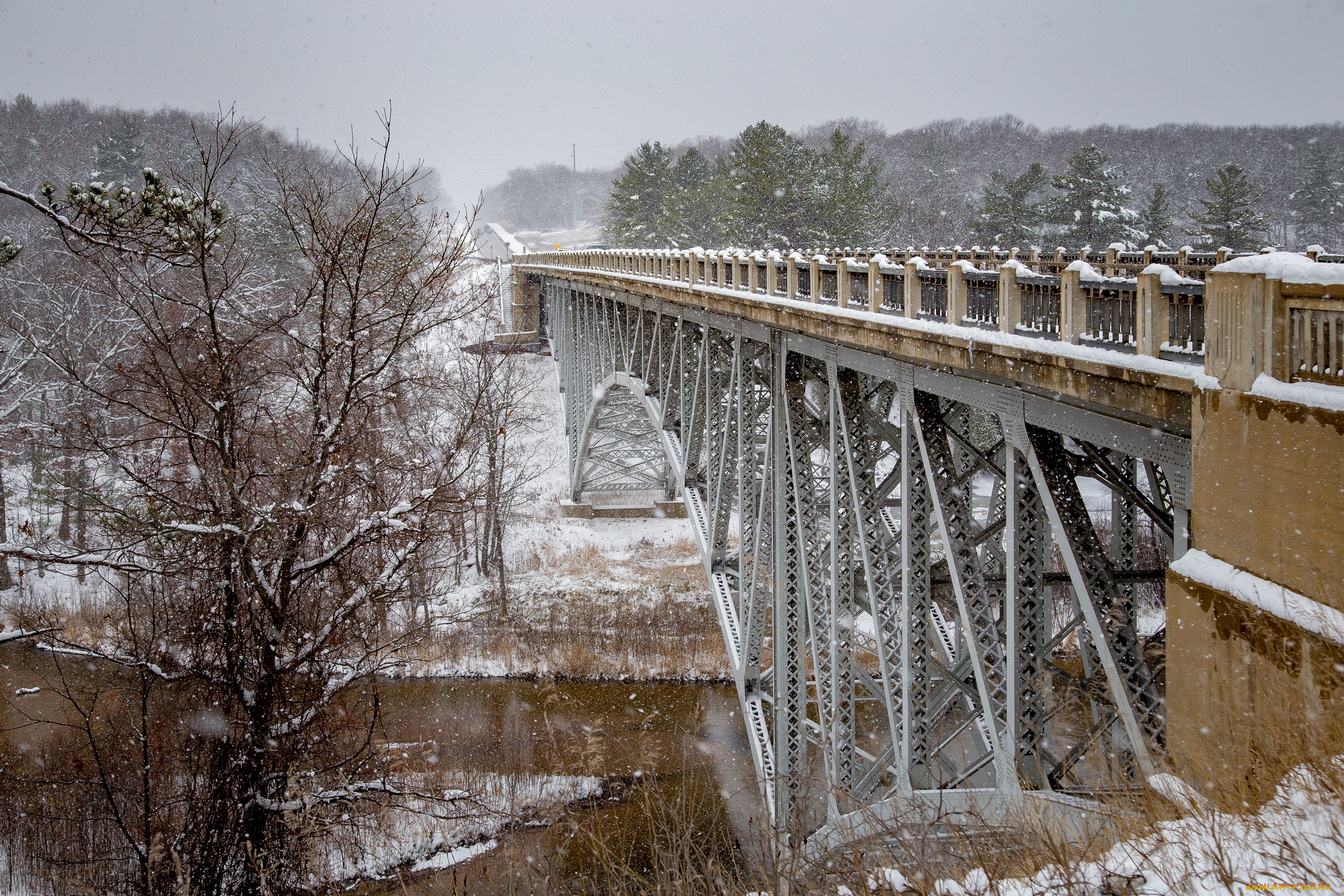 города, -, мосты, мост, река, деревья, зима, pine, river, cooley, bridge, пайн, michigan, мичиган, снег