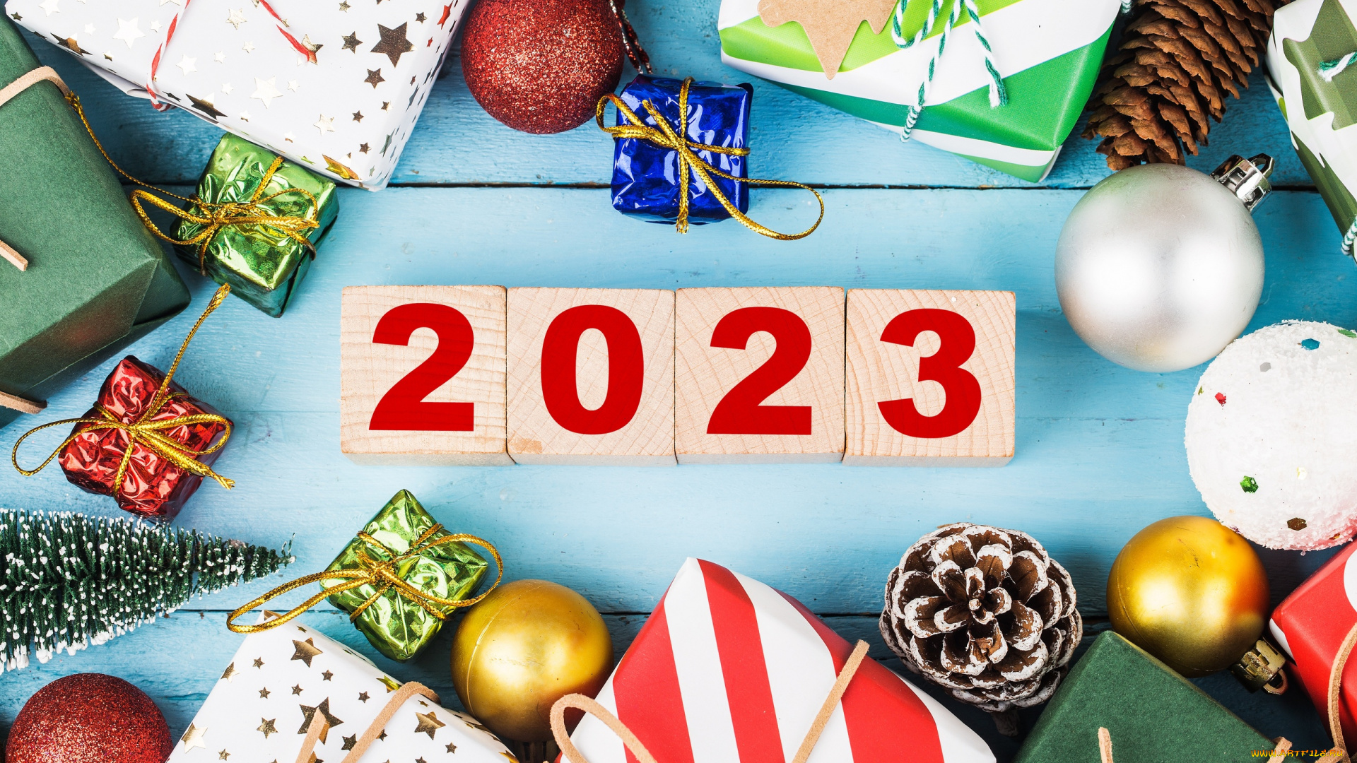 праздничные, подарки, и, коробочки, новый, год, рождество, 2023, подарки, кубики, цифры, елочные, шары