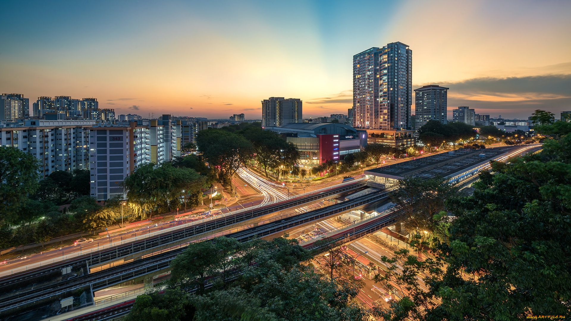 города, сингапур, , сингапур, огни, перекресток, железнодорожные, пути, дорога, шоссе, панорама