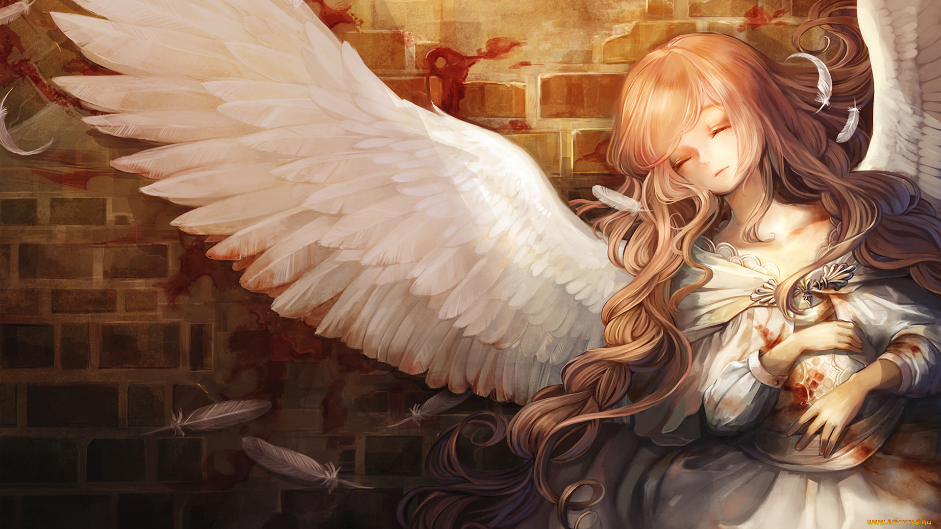 аниме, -angels, &, demons, девушка, крылья, перья, ангел, закрытые, глаза, кирпичная, стена