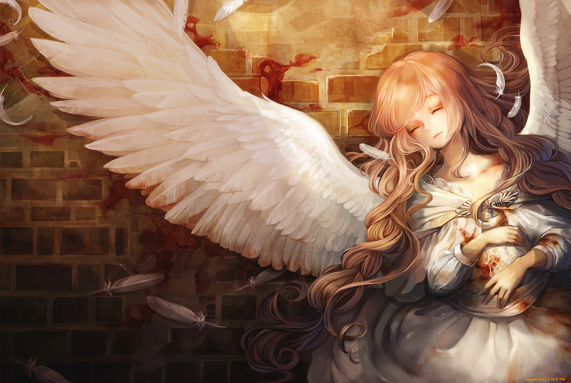 аниме, -angels, &, demons, девушка, крылья, перья, ангел, закрытые, глаза, кирпичная, стена
