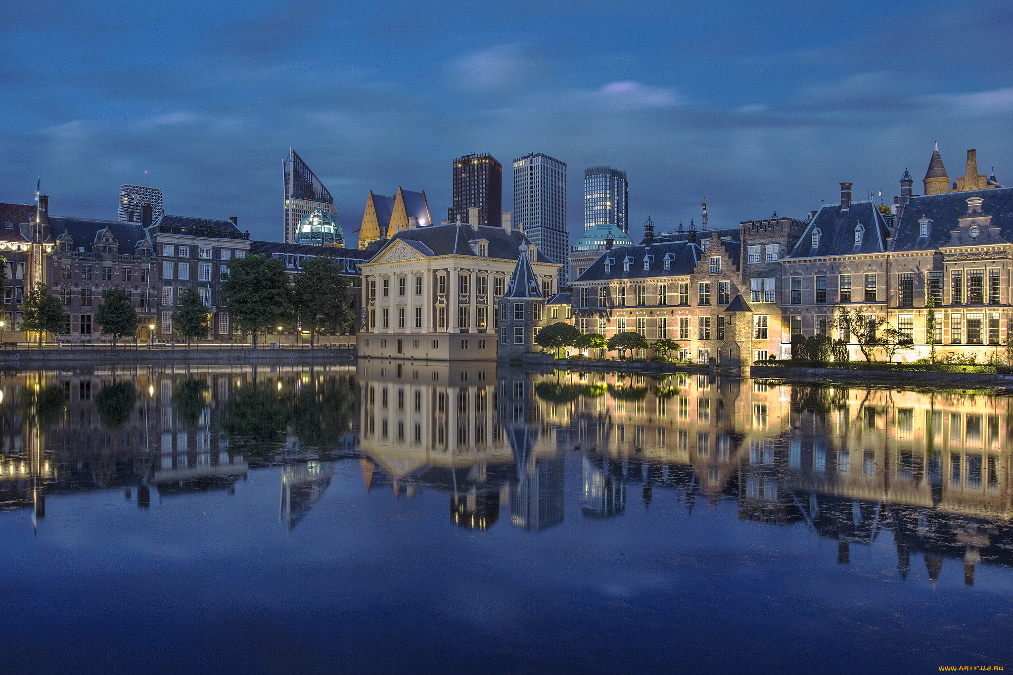 города, -, панорамы, отражение, зеркало, нидерланды, маурицхейс, ночью, огни, гаага