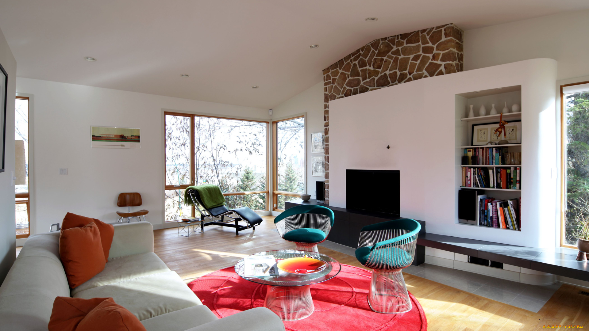 интерьер, гостиная, книги, диван, современный, дизайн, кресла, столик