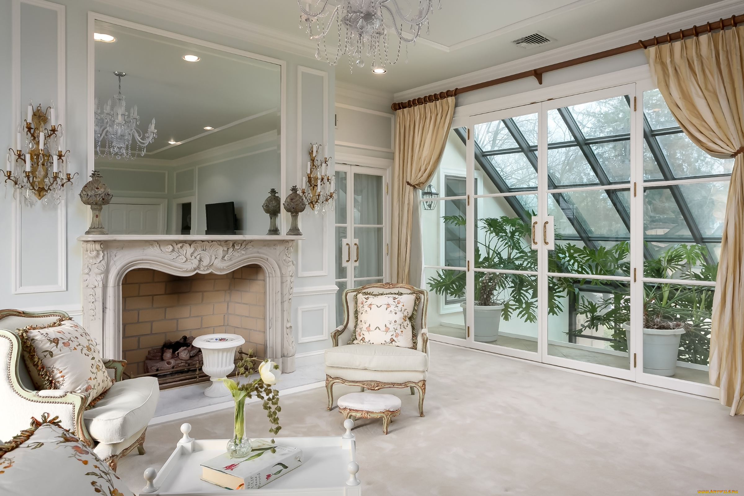интерьер, гостиная, камин, оранжерея, окно, кресла, белый, дизайн