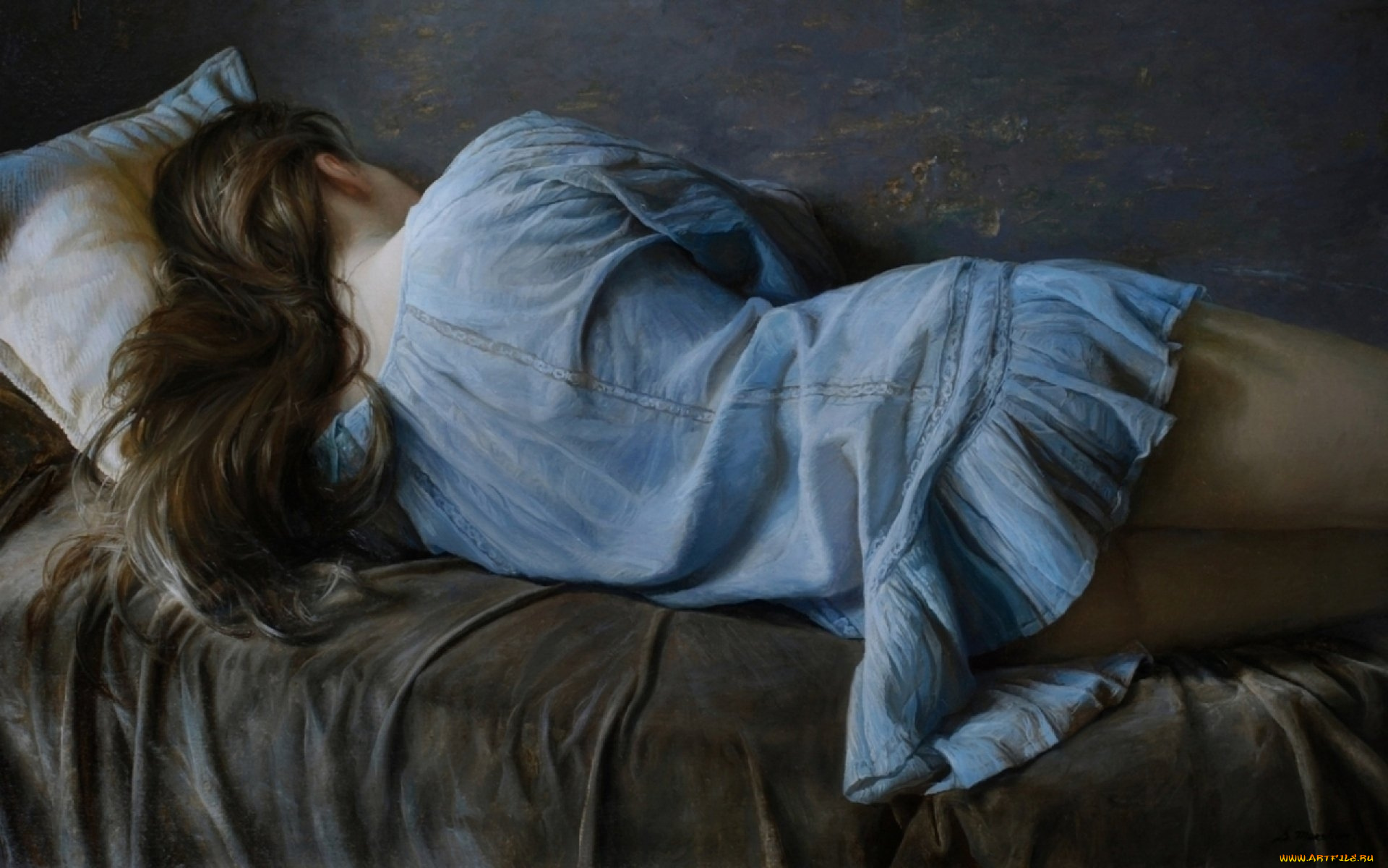 serge, marshennikov-women, sleeping, рисованное, живопись, девушка, кровать, платье, сон