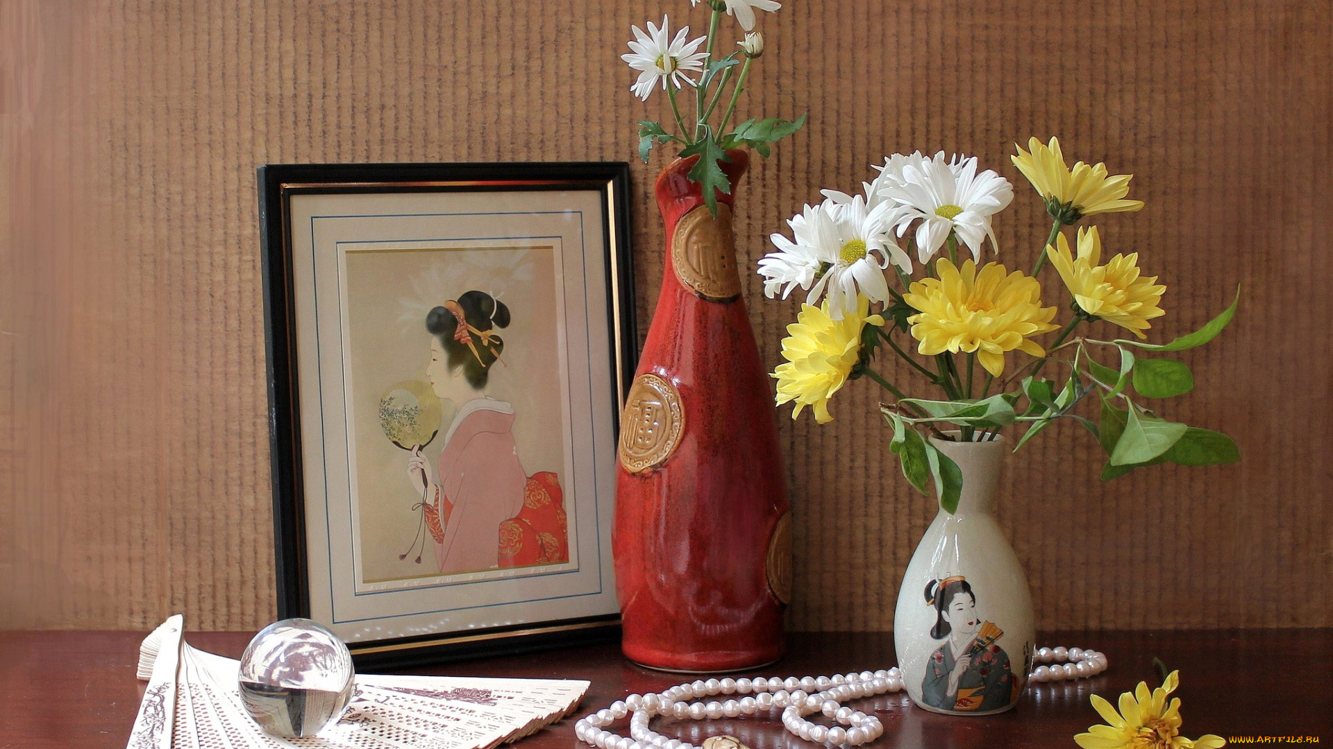 цветы, хризантемы, ваза, картина