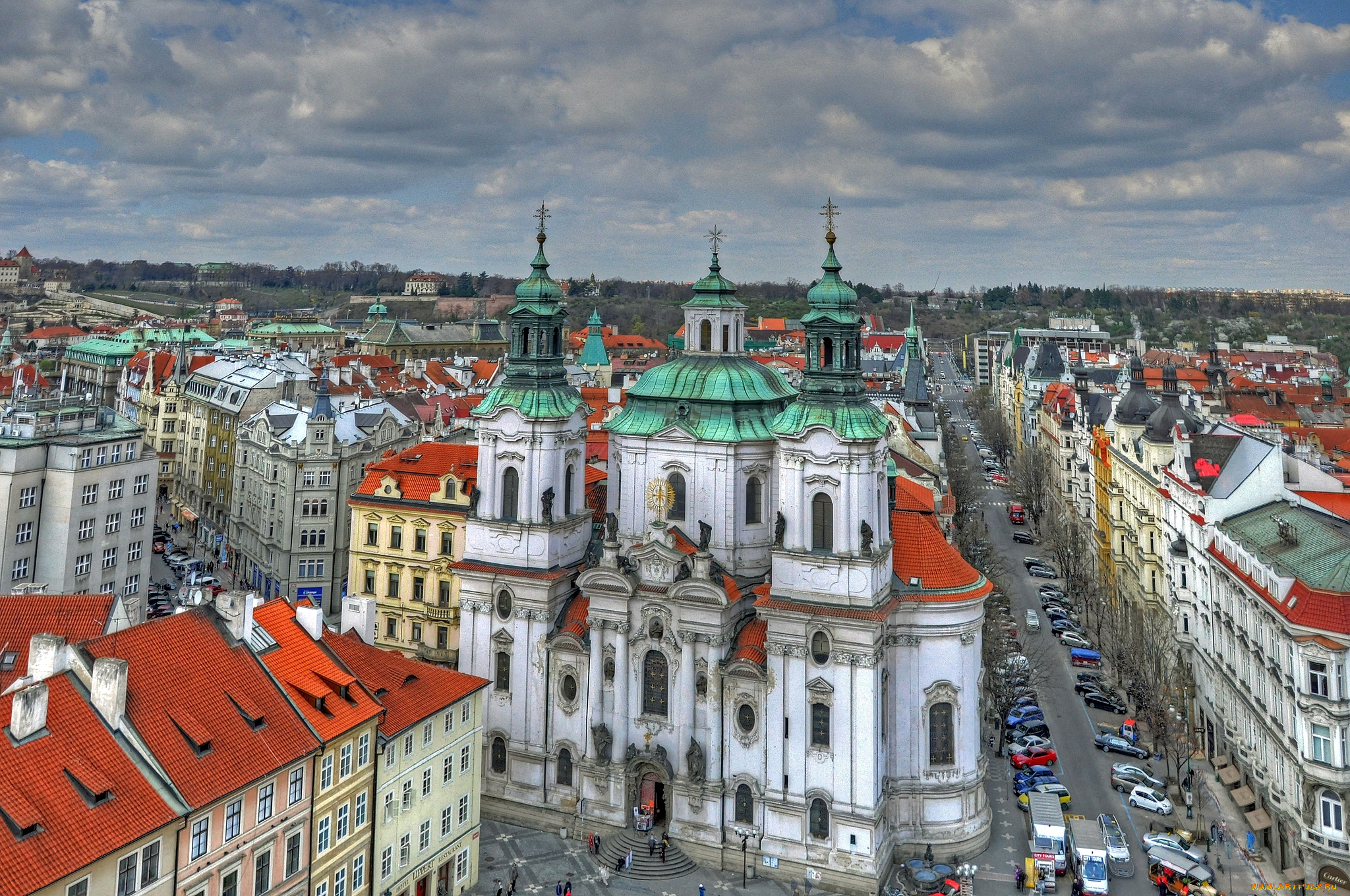 города, прага, Чехия, улицы, церковь, панорама