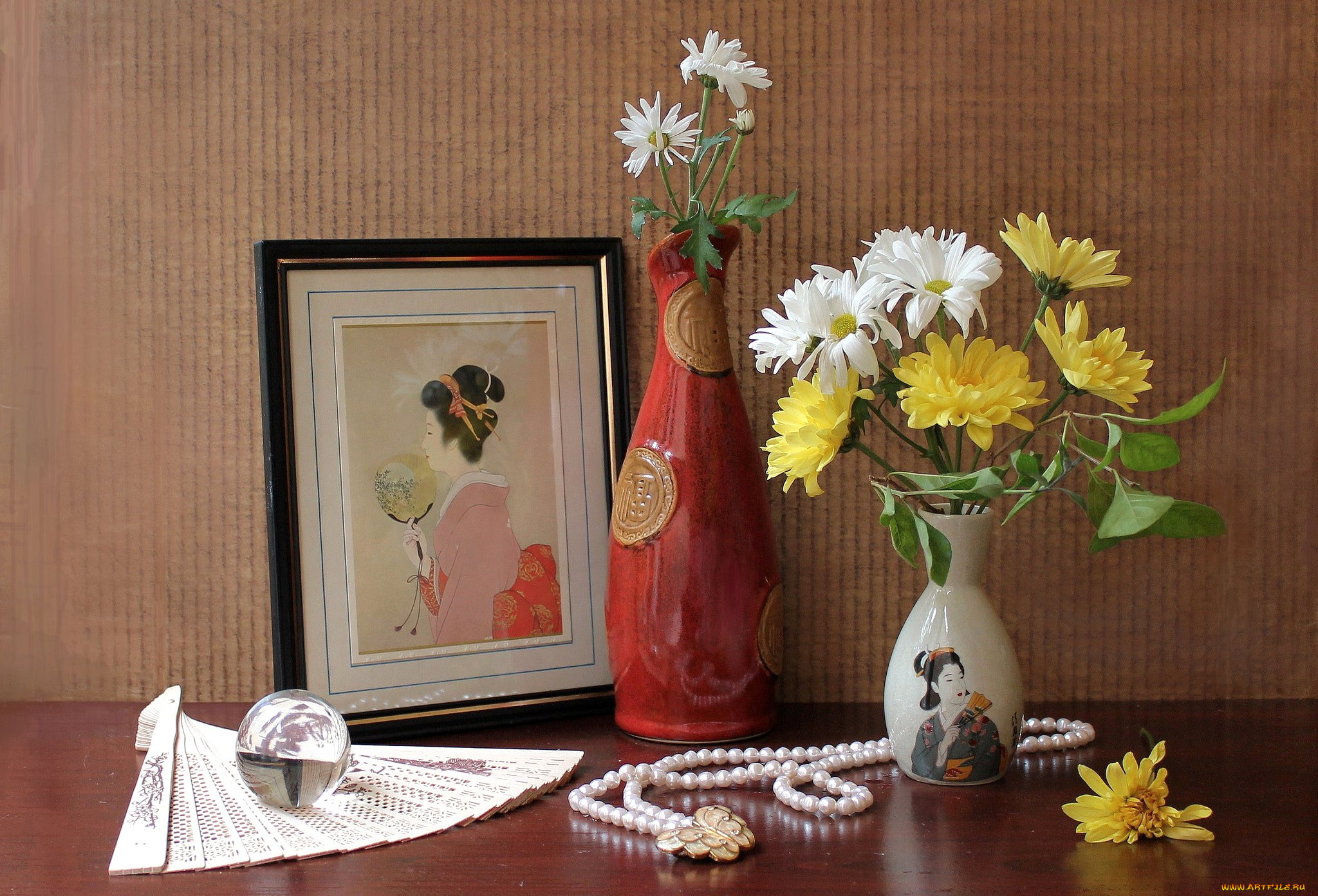 цветы, хризантемы, ваза, картина