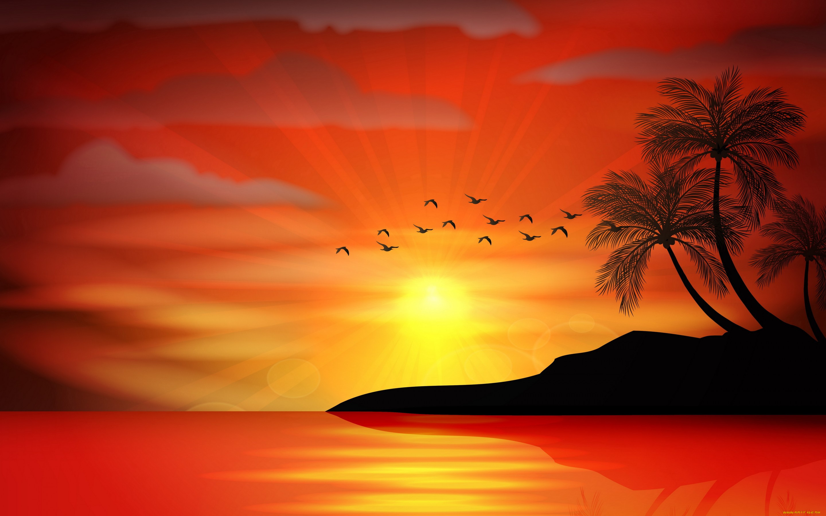 векторная, графика, природа, , nature, тропики, palms, island, paradise, sea, tropical, силуэт, море, пальмы, закат, остров, sunset