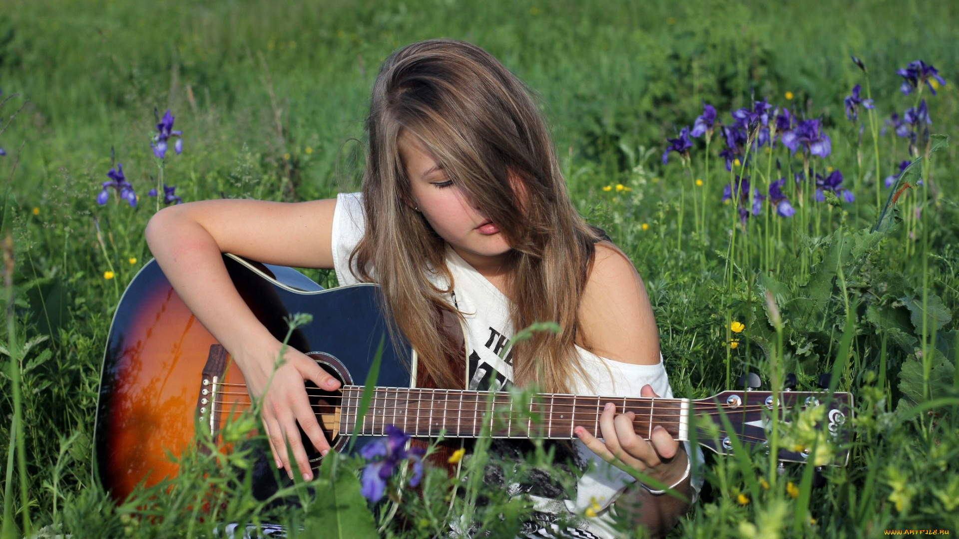 музыка, -другое, девушка, цветы, гитара