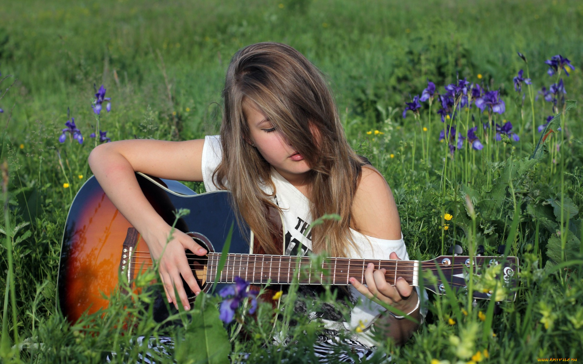 музыка, -другое, девушка, цветы, гитара